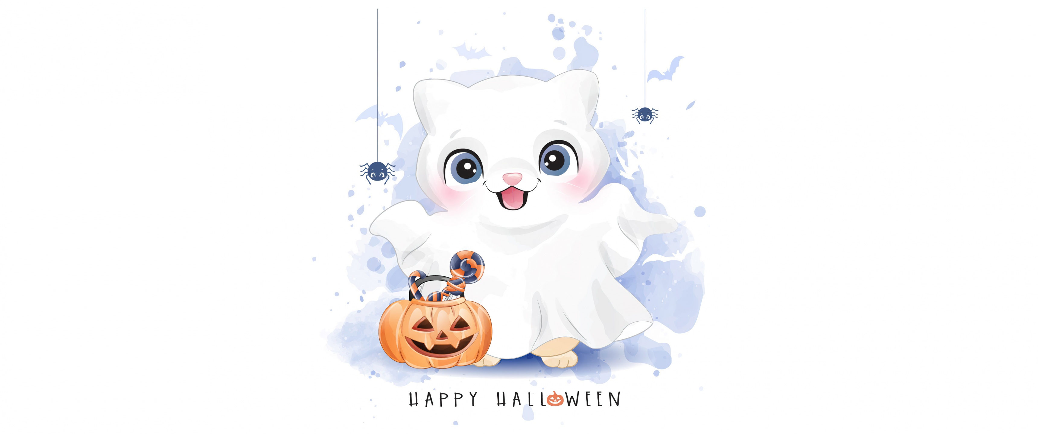 Halloween themed 4K wallpaper with a cute cat, ghost, pumpkin, and spiders
