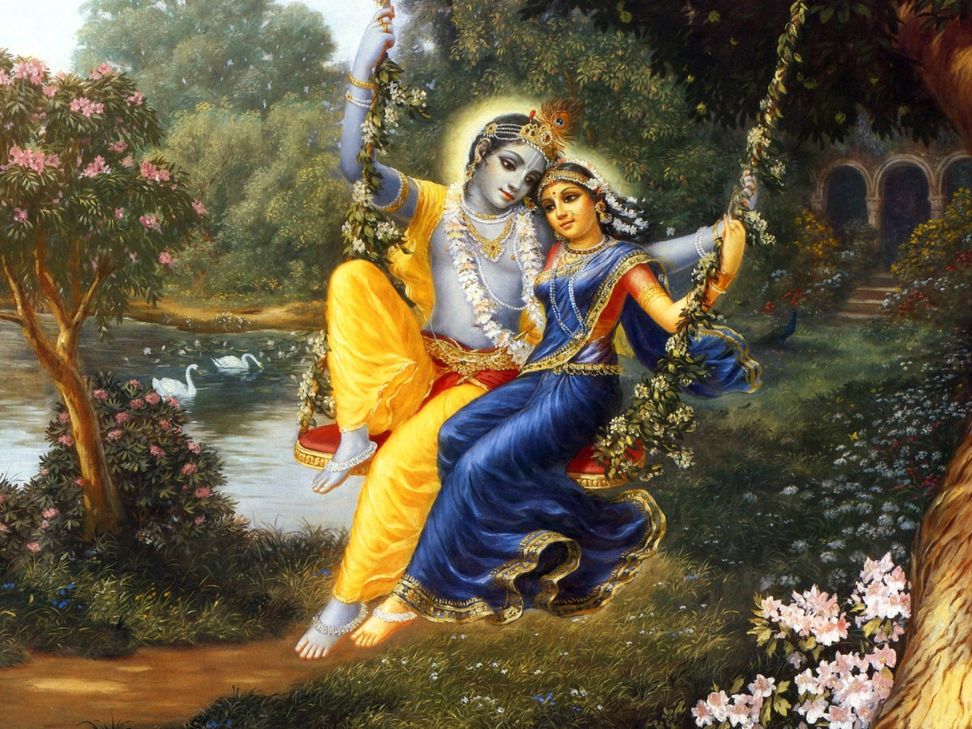 Painted Radha Krishna In Garden