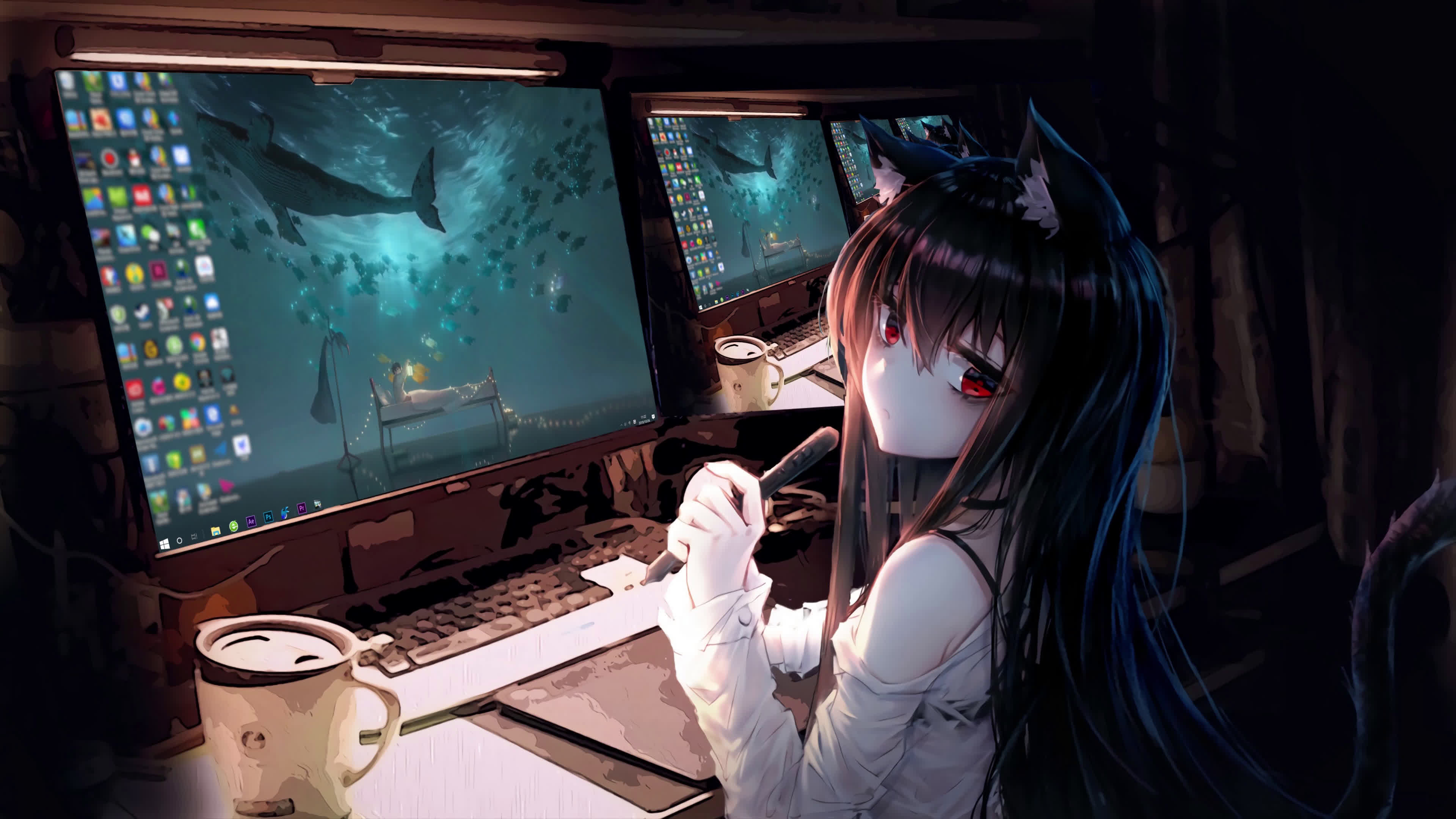 Anime Girl and Computers 4K Live