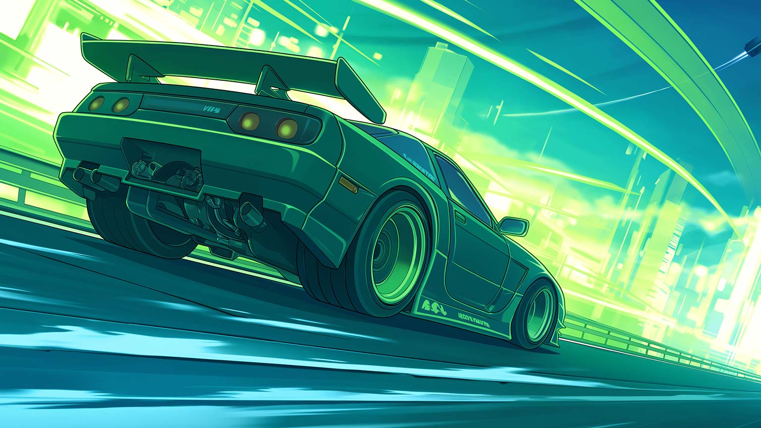 Free Neon City Race Car Green Lights Desktop Wallpaper in 4K
