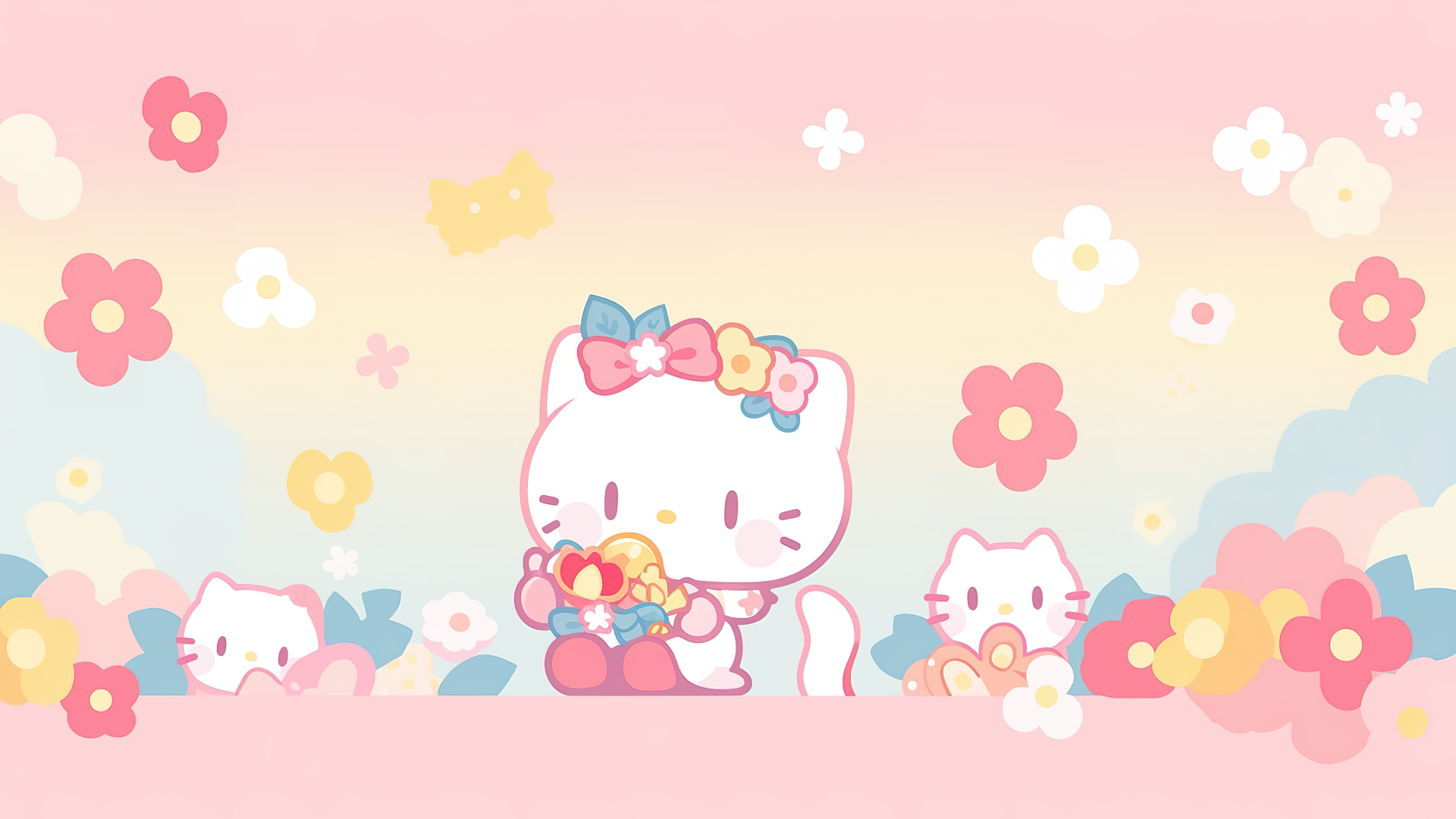 Cute hello kitties Wallpaper 4K, Floral