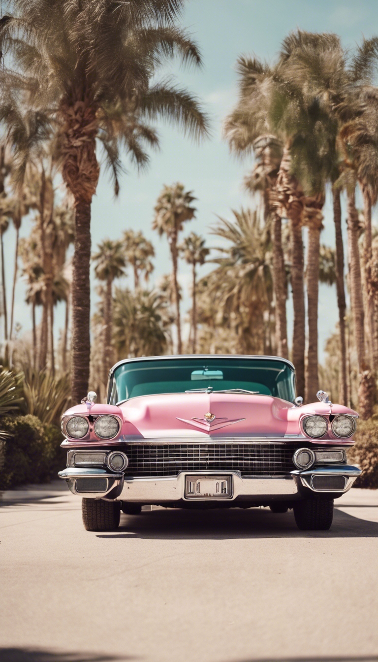 A vintage pink Cadillac parked amidst
