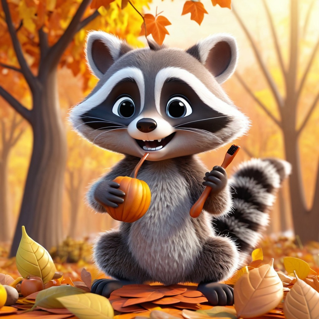 Cute Raccoon Brushes Teeth on Autumn Background. Stable Diffusion Online