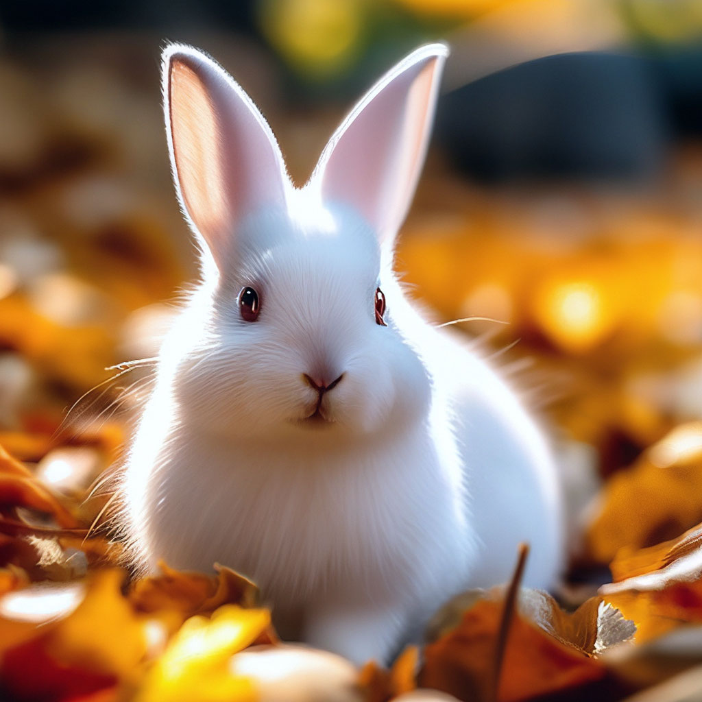 Cute fluffy white rabbit among autumn