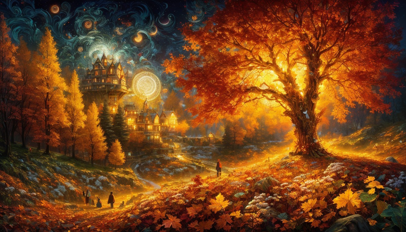 Fantasy autumn landscape with glowing castle and mystical sky patterns. Deep Dream Generator
