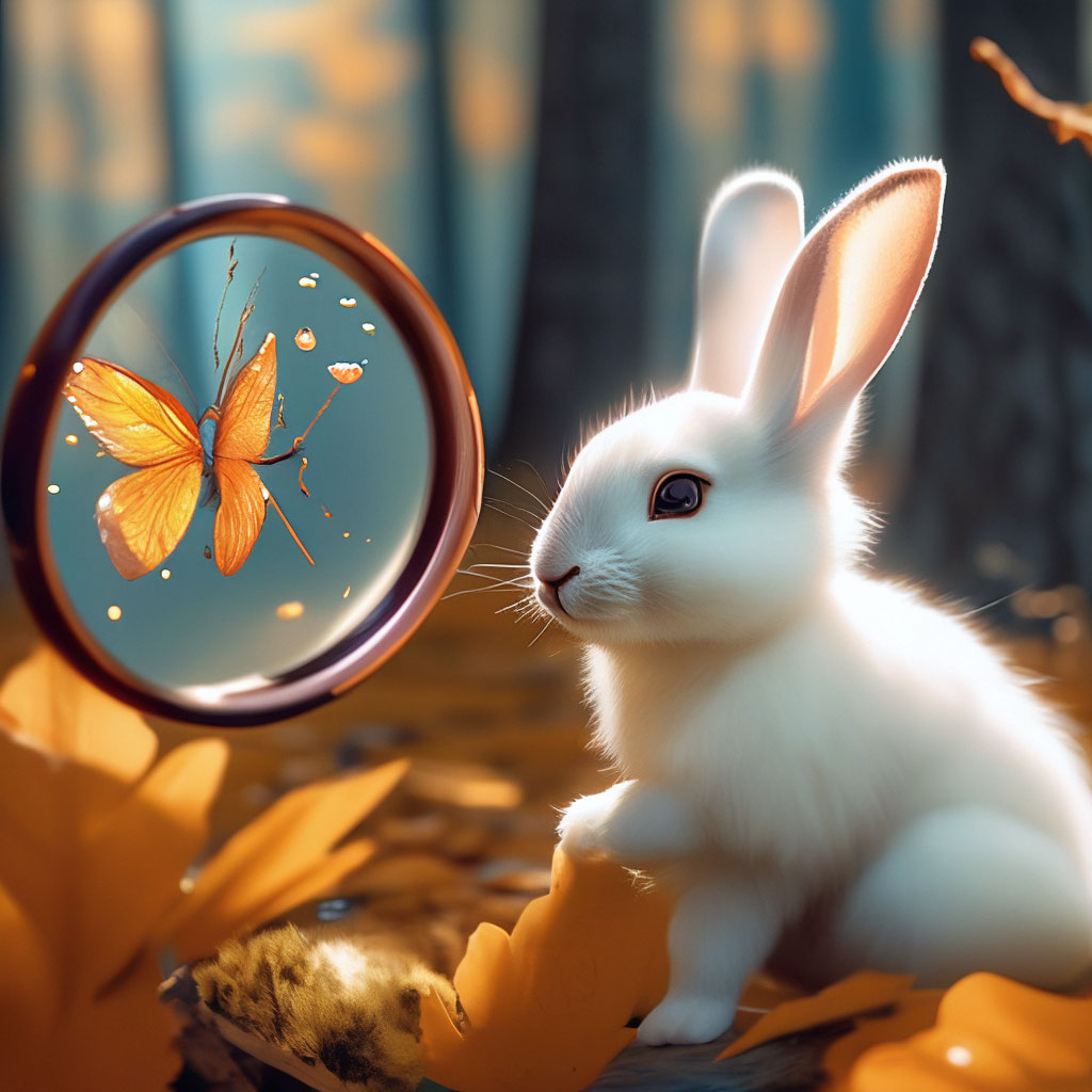 Cute bunny looks at a butterfly