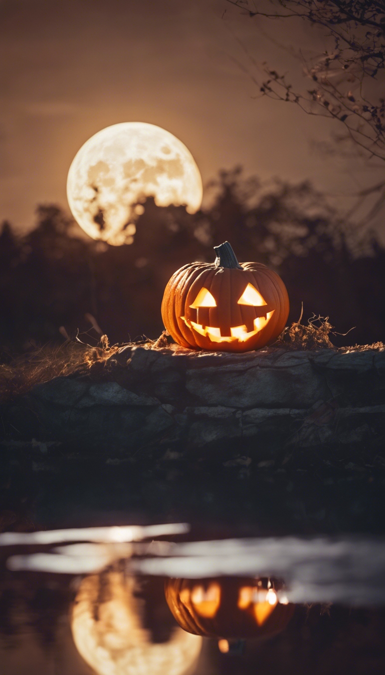A Jack O' Lantern Glowing Warmly Against The Backdrop Of A Full Moon On Halloween. Wallpaper [07f2585d48b148d7b3cf] By Wallpaper HD