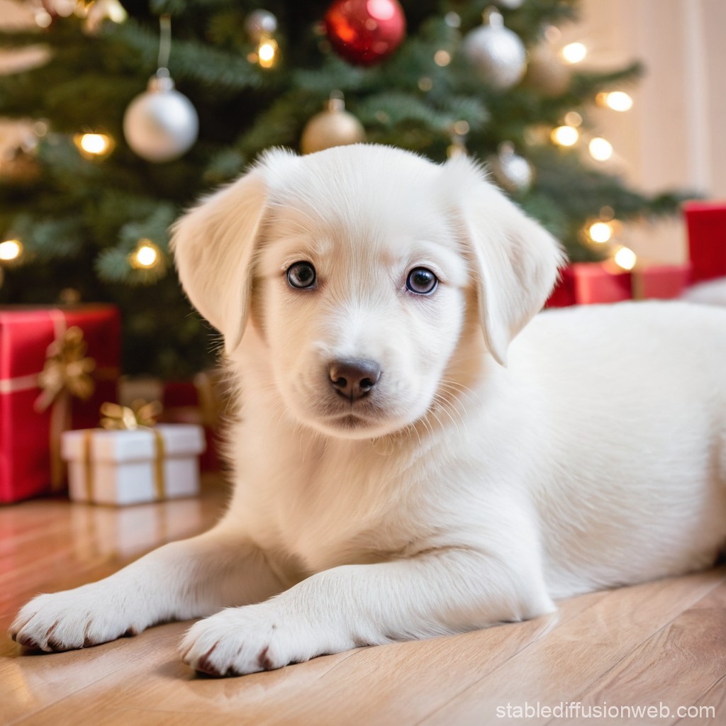 Cute Puppy by Christmas Tree. Stable