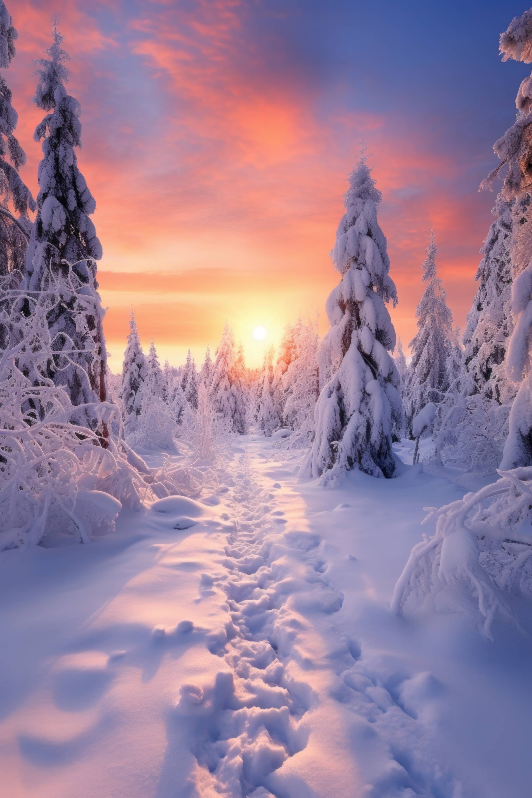 Path in Heavy Snow in Winter Forest