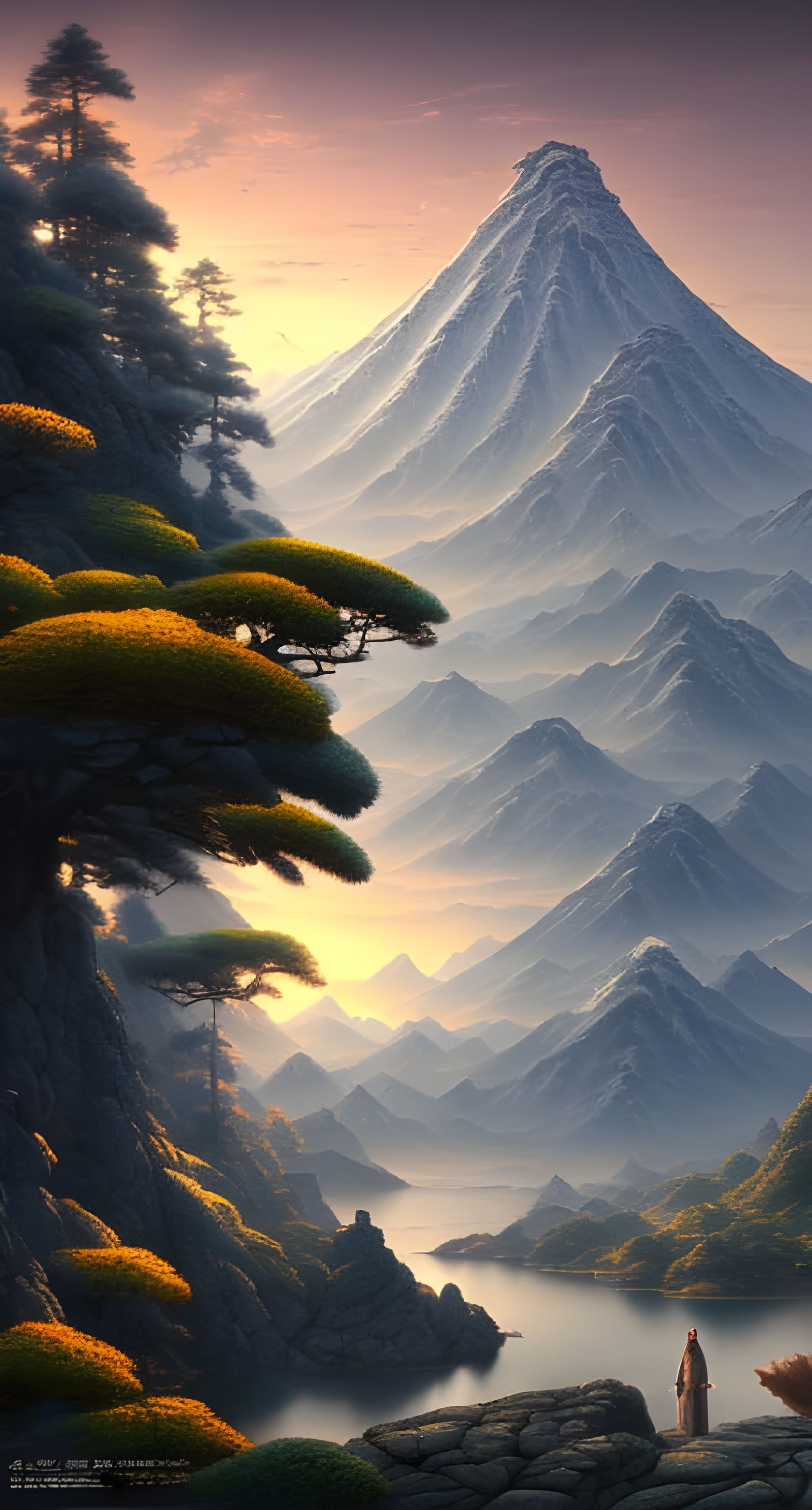 Japanese Mountain Landscape at Sunset