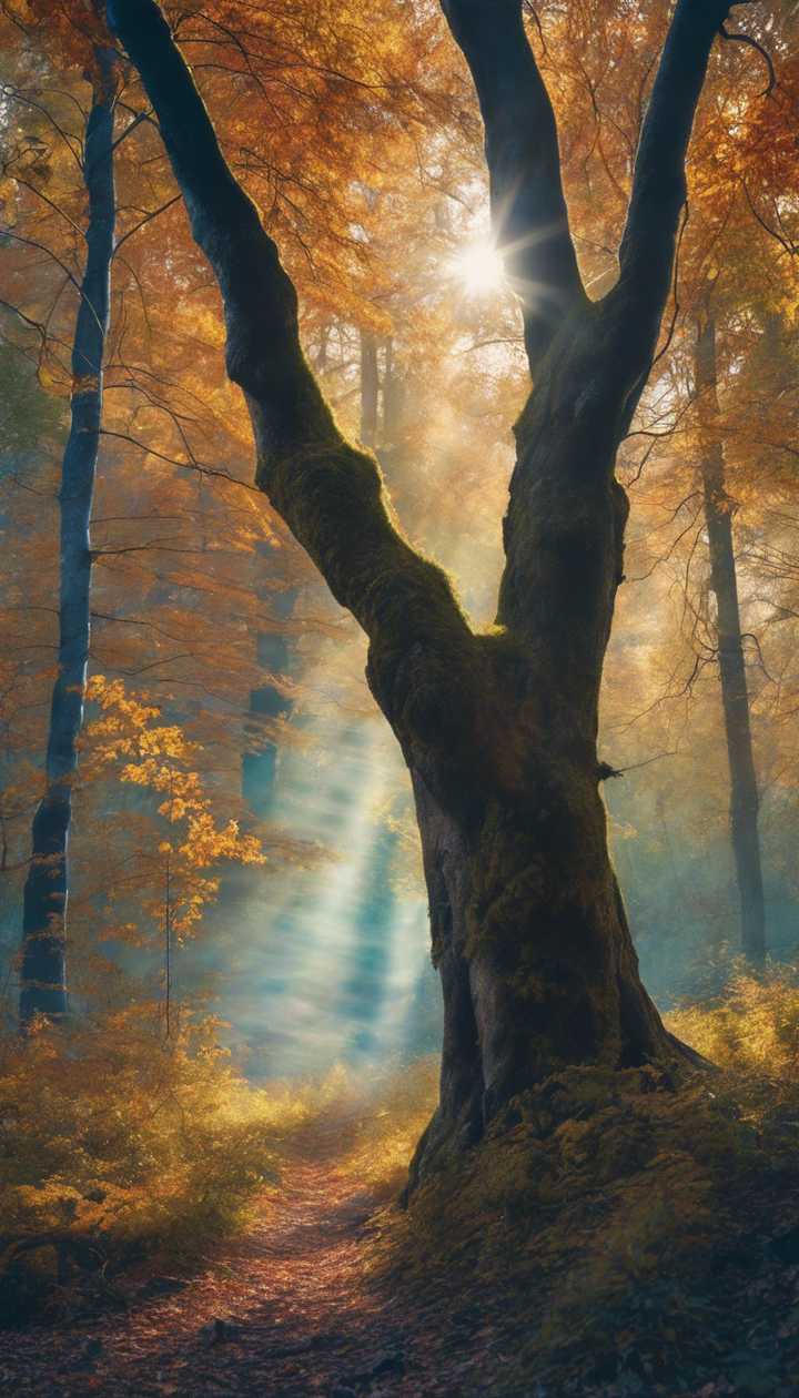 Autumn coloured forest beneath a striking blue rainbow on a clear, cool morning. Wallpaper [6023493a1b2247e2aa5f]