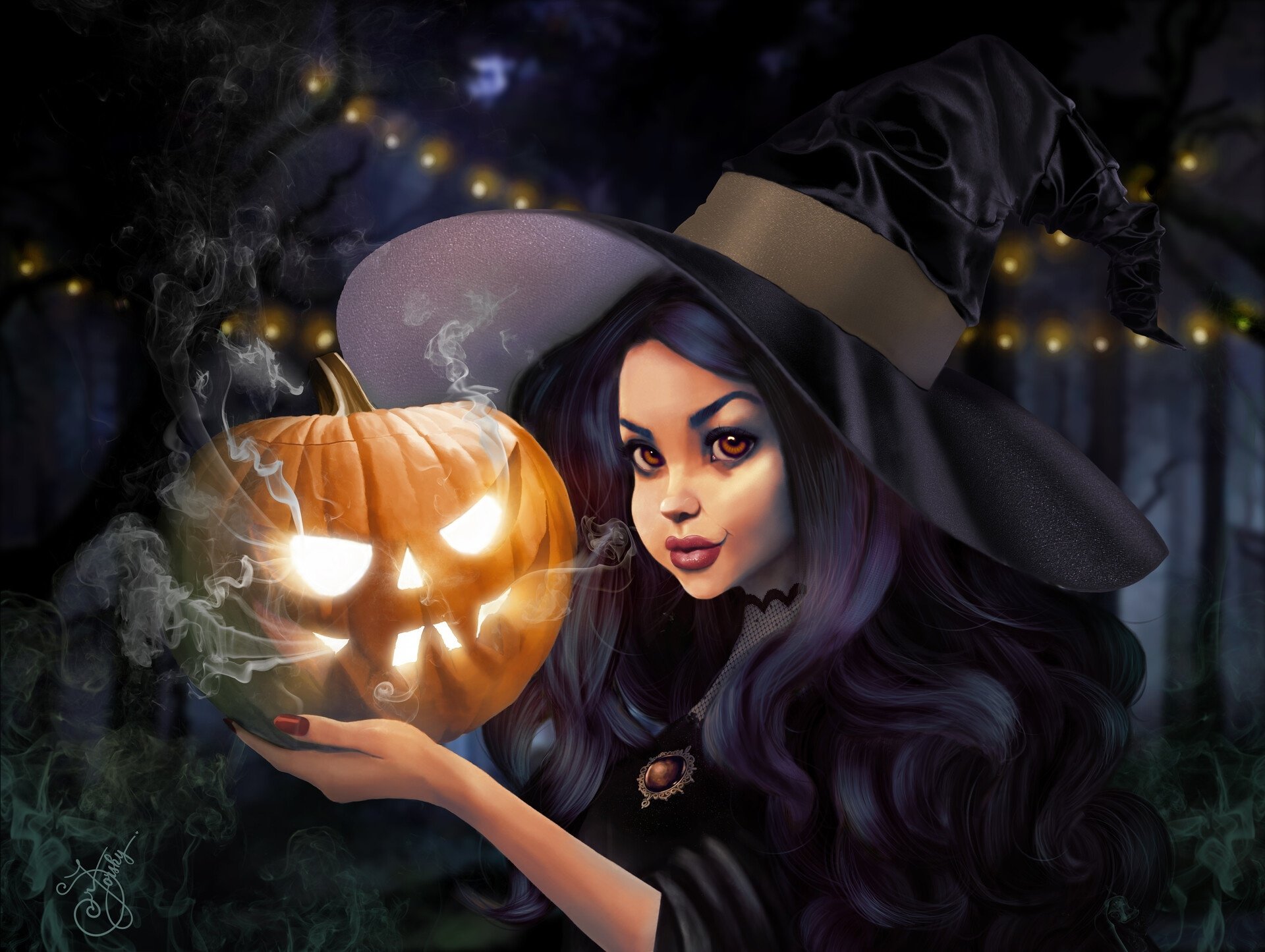 HD Halloween Magic: Enchanting Witch With Glowing Jack O' Lantern Pumpkin By Or Zorsky