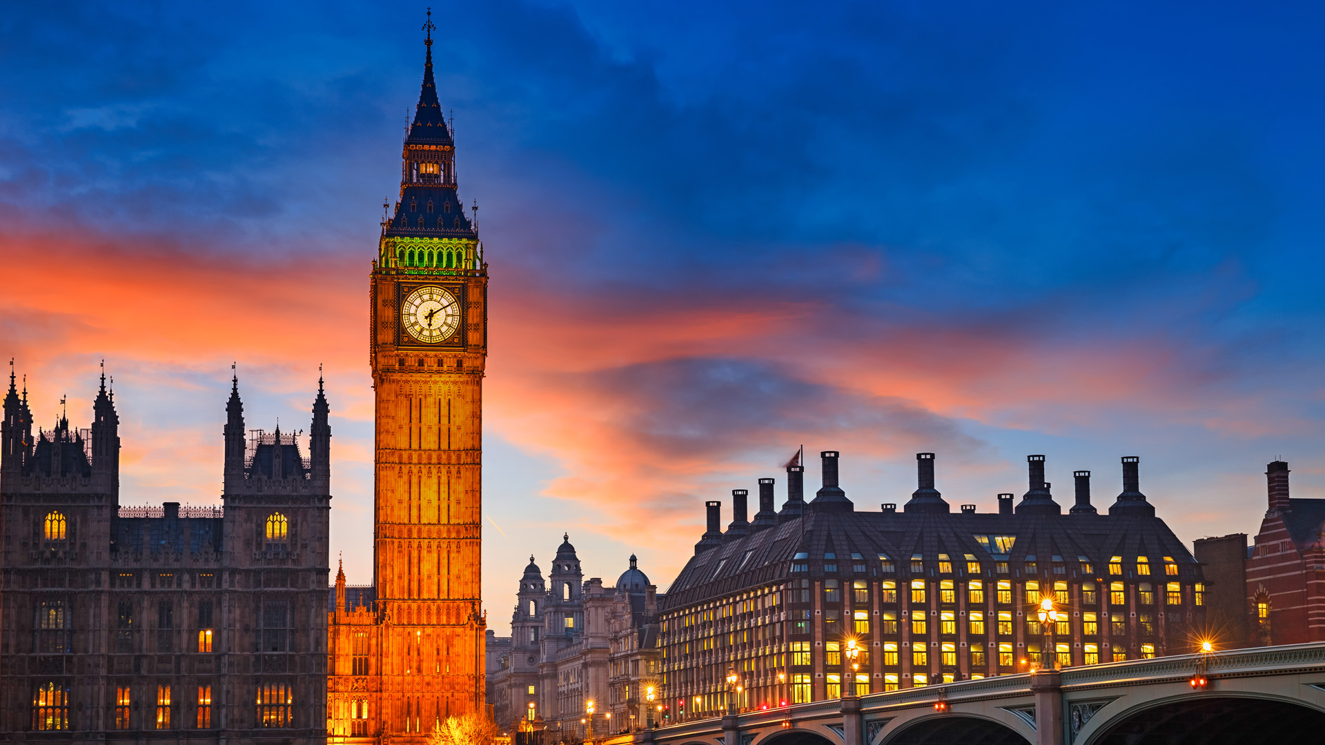 Big Ben and Westminster Bridge at dusk