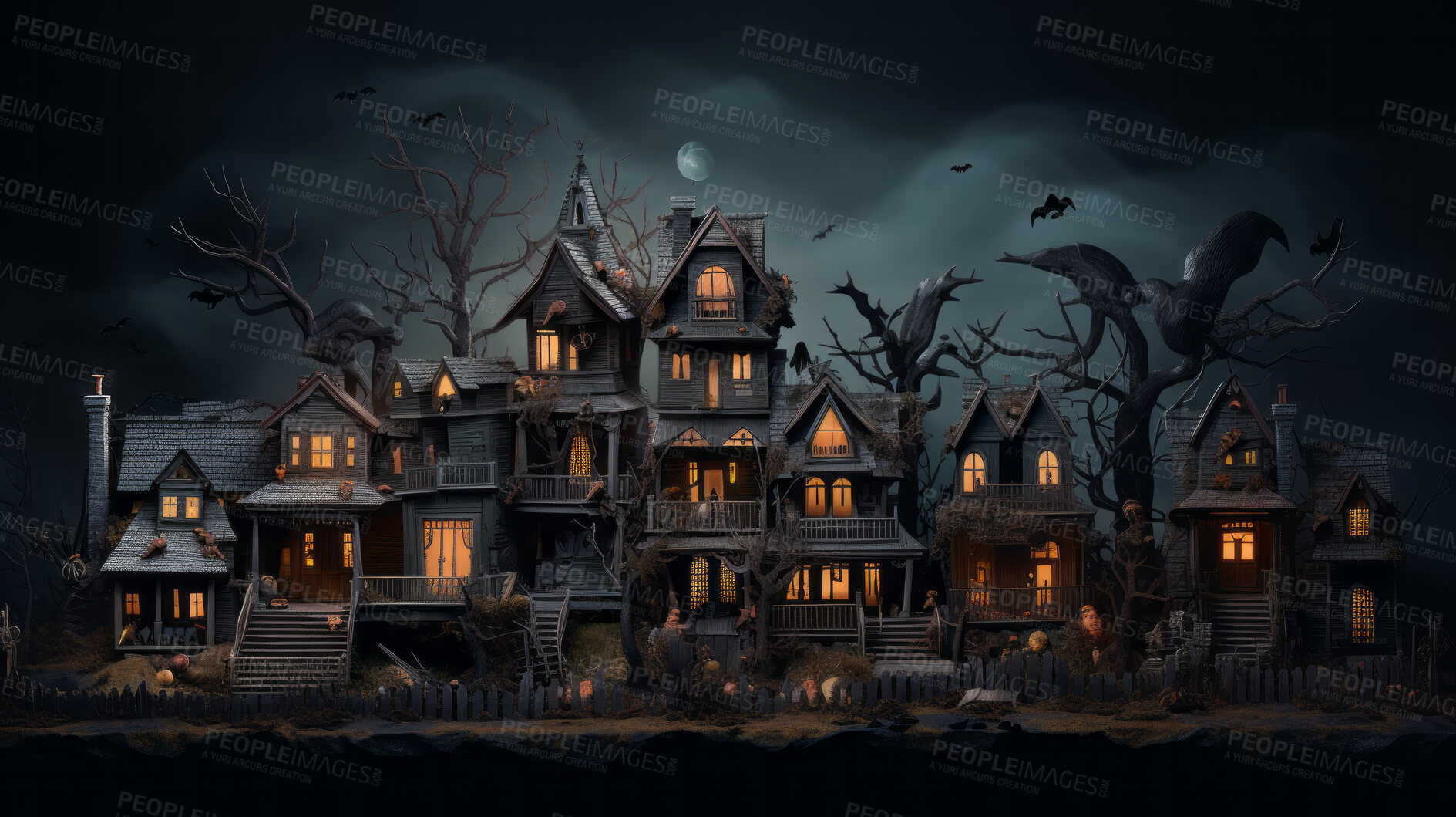 Spooky halloween haunted home or village wallpaper or background for celebration. Buy on PeopleImages, Picture And Royalty Free Image. Pic 2945438. Zoomed