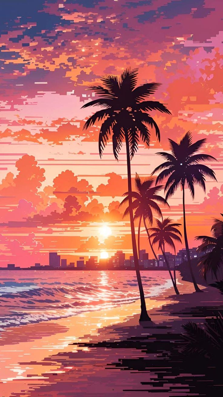 Pixel Art Sunset Palm Trees iPhone