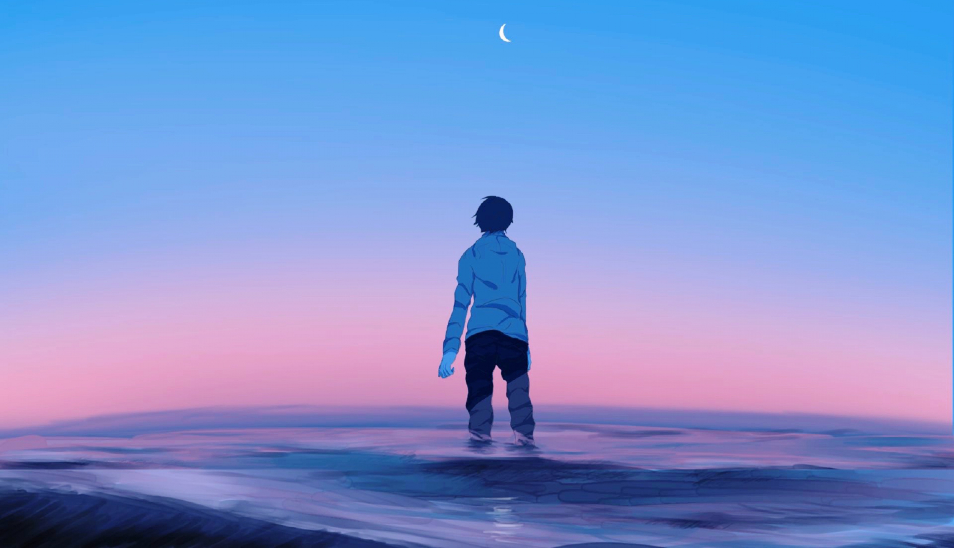 Anime Boy In The Ocean Watching The Moon Sunset
