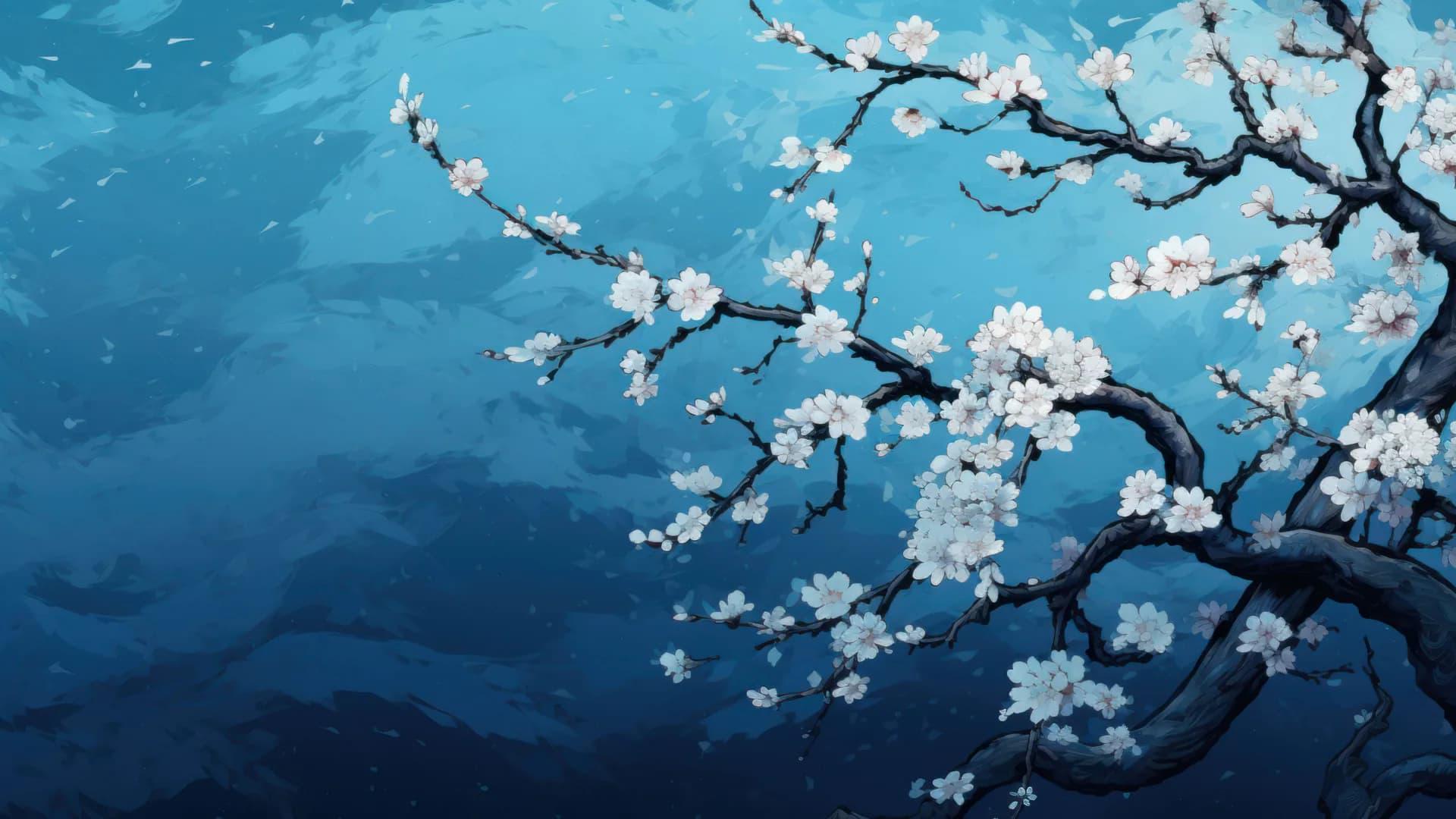 Blue Cherry Blossom Japanese Painting