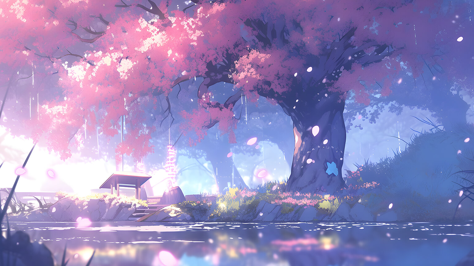 Pink Tree over River Desktop Wallpaper