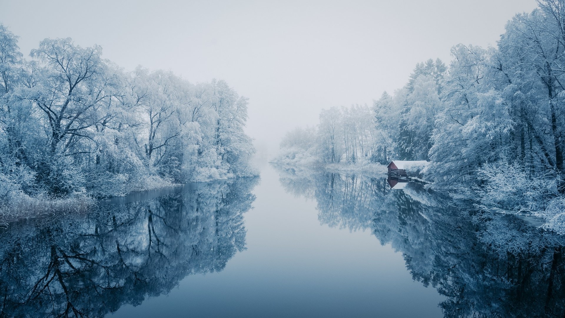 Winter Serenity: Foggy River Reflection in 4K Ultra HD Nature Wallpaper