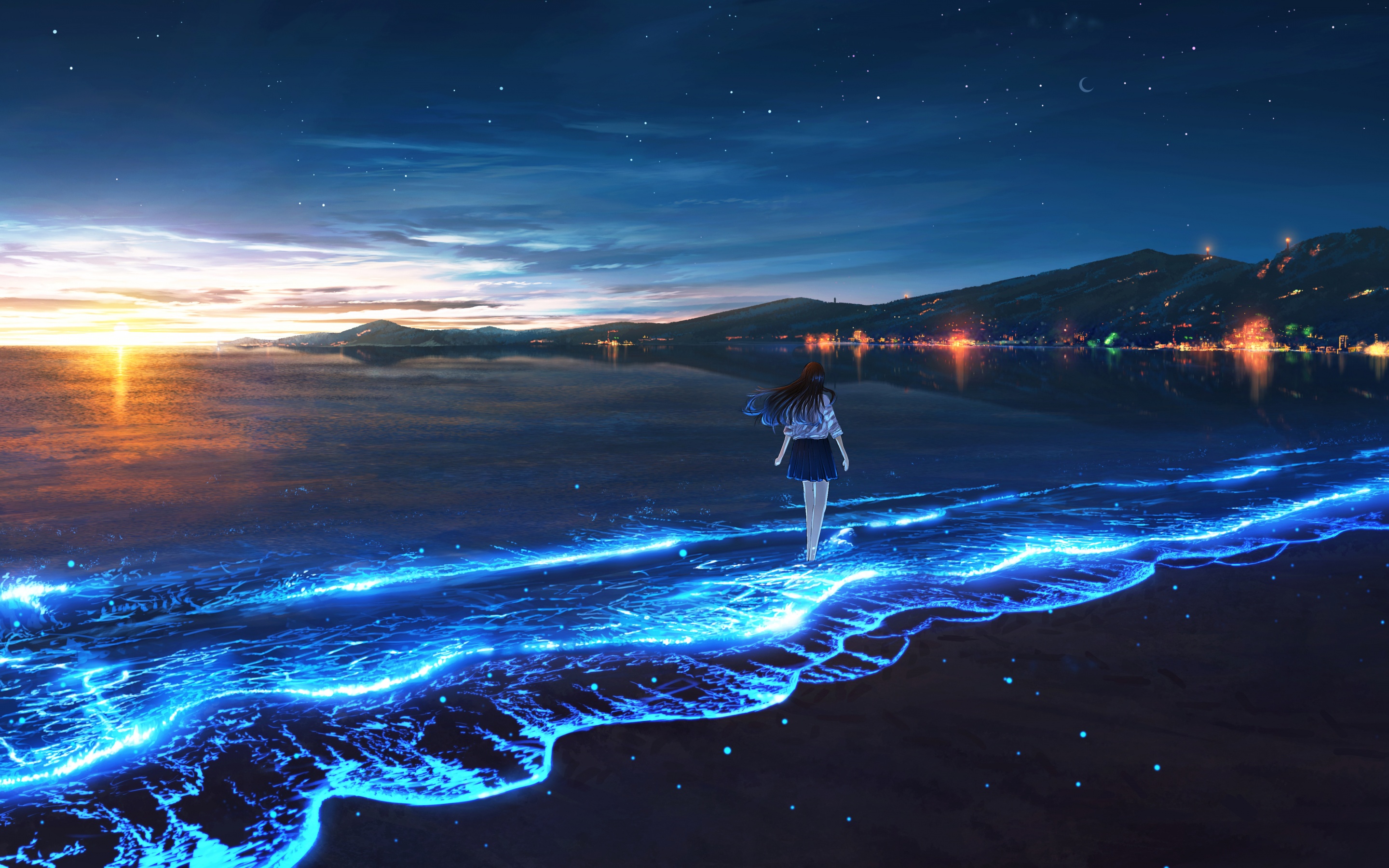 Bioluminescence Wallpaper 4K, Anime girl, Alone, Sunset, Beach