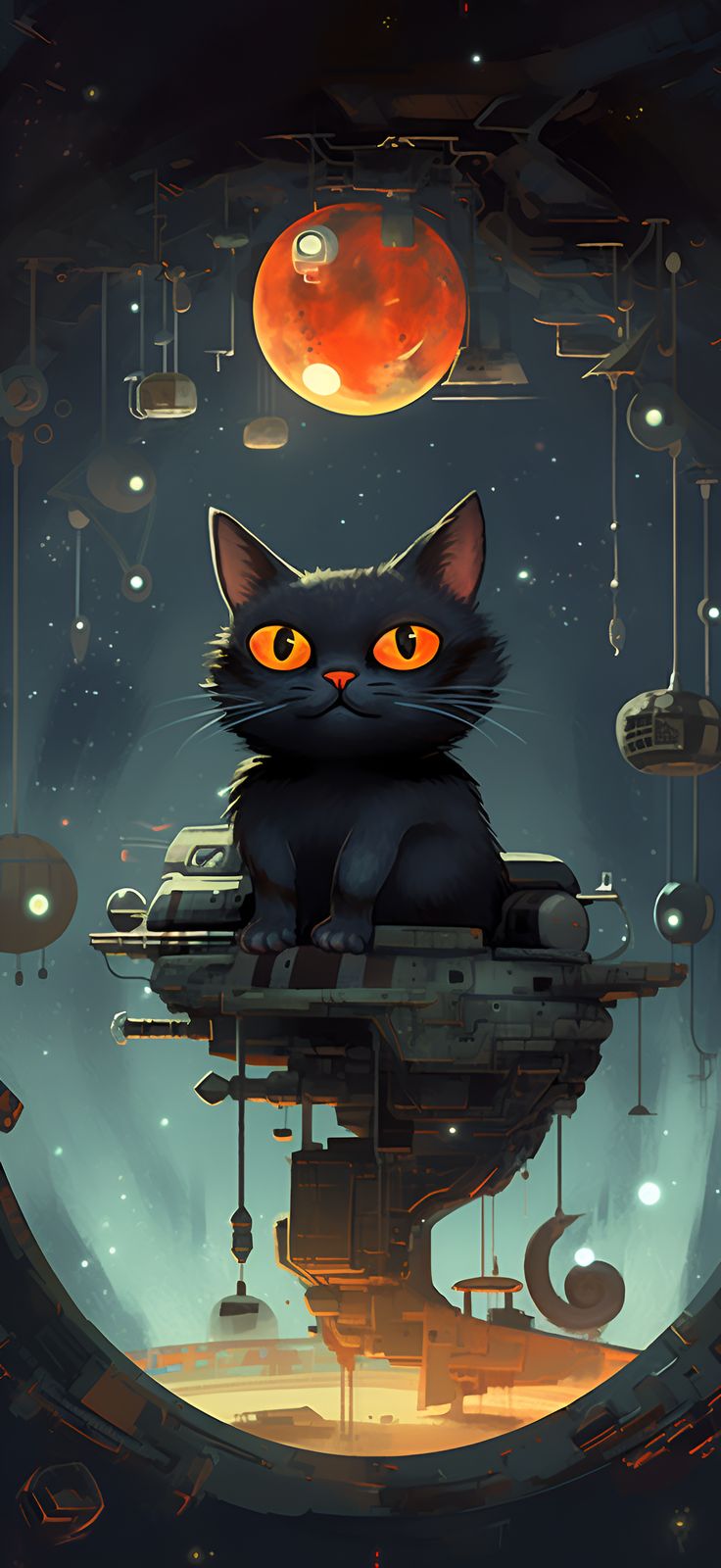 Black Cat with Orange Eyes and Red
