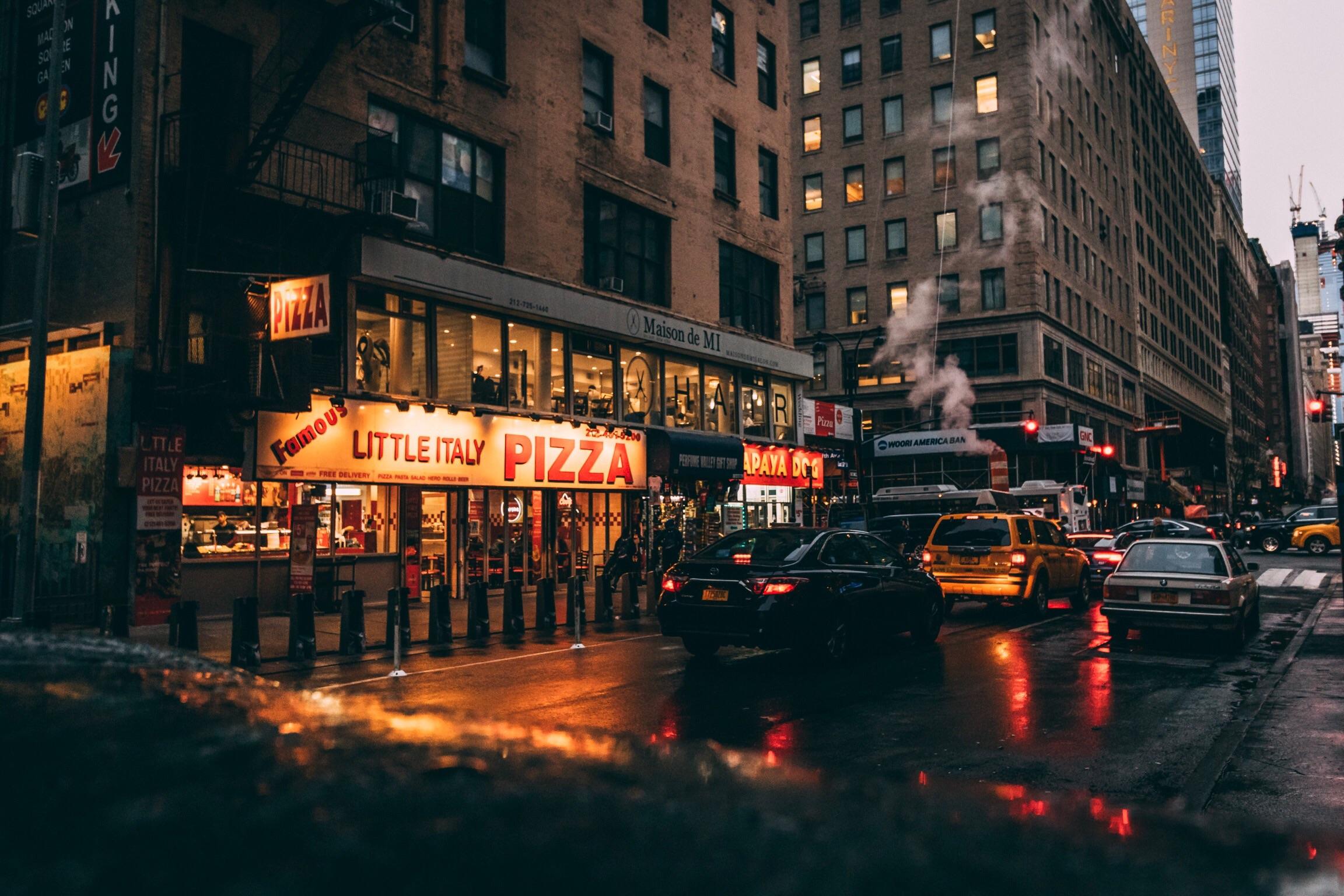 NYC street at dusk after rain
