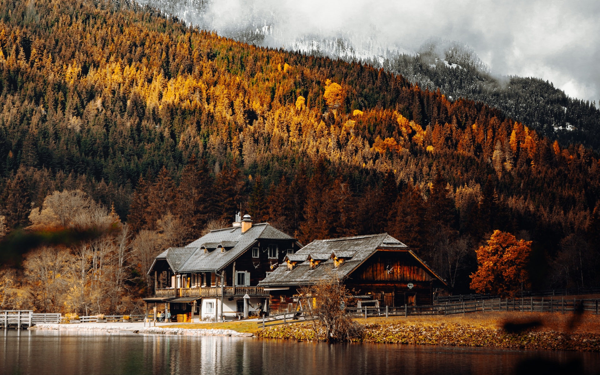 Wooden House Wallpaper 4K, Lakeside, Autumn trees
