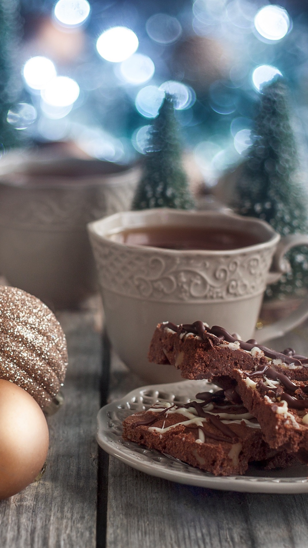 Chocolate cake, Christmas balls, coffee