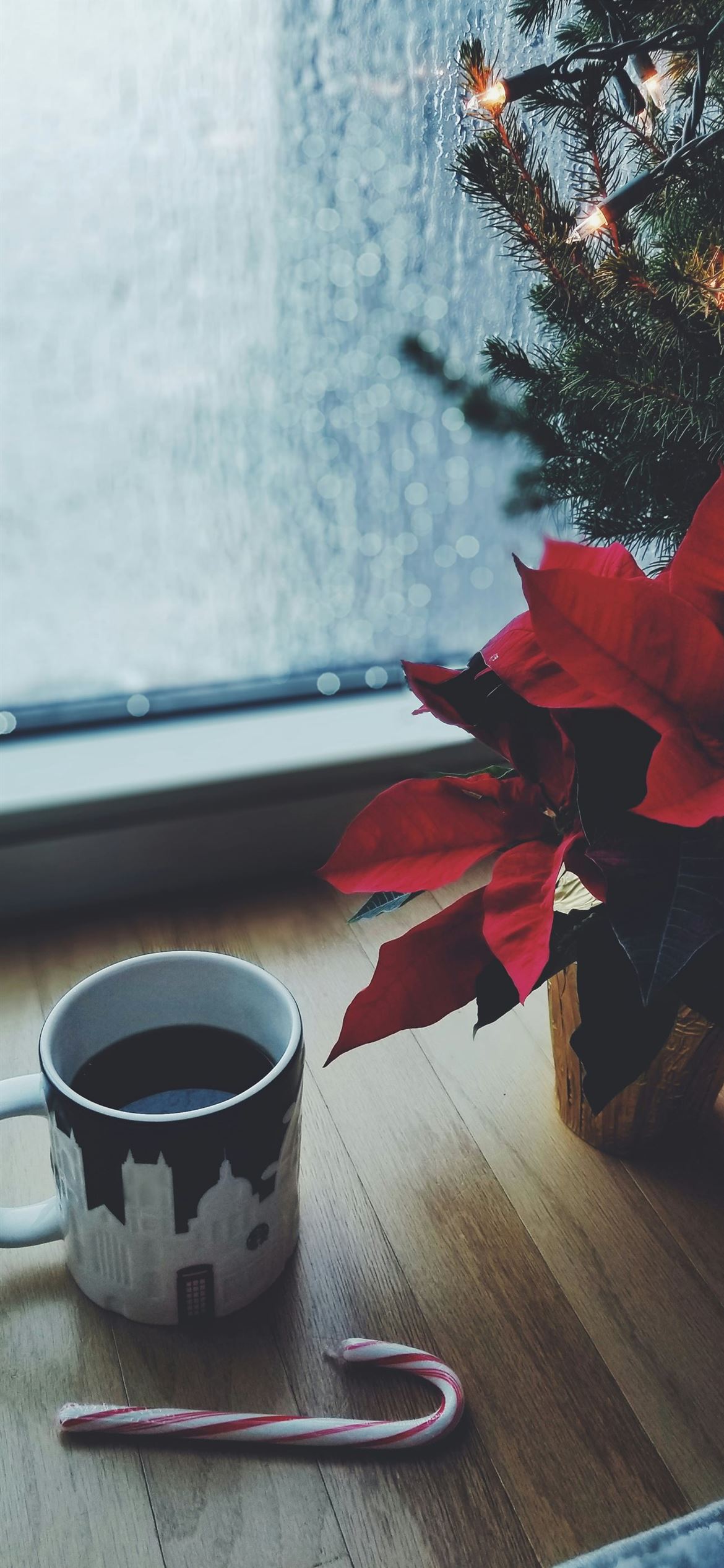 mug of coffee beside christmass tree