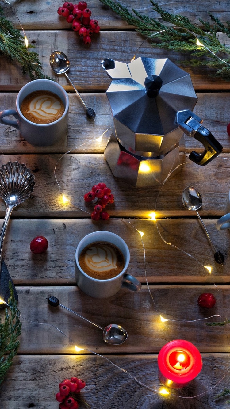 Bread, coffee, cups, lights, twigs