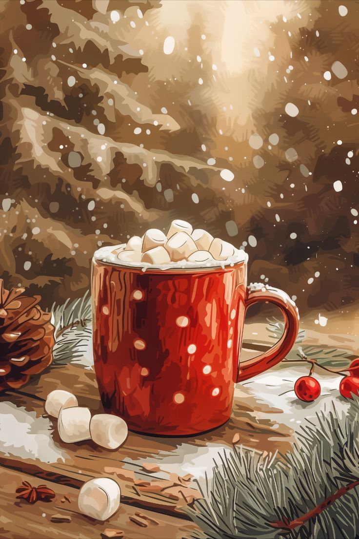 Sweet Winter Moments. Cute Winter Christmas Free Wallpaper Of Hot Chocolate With Marshmallows