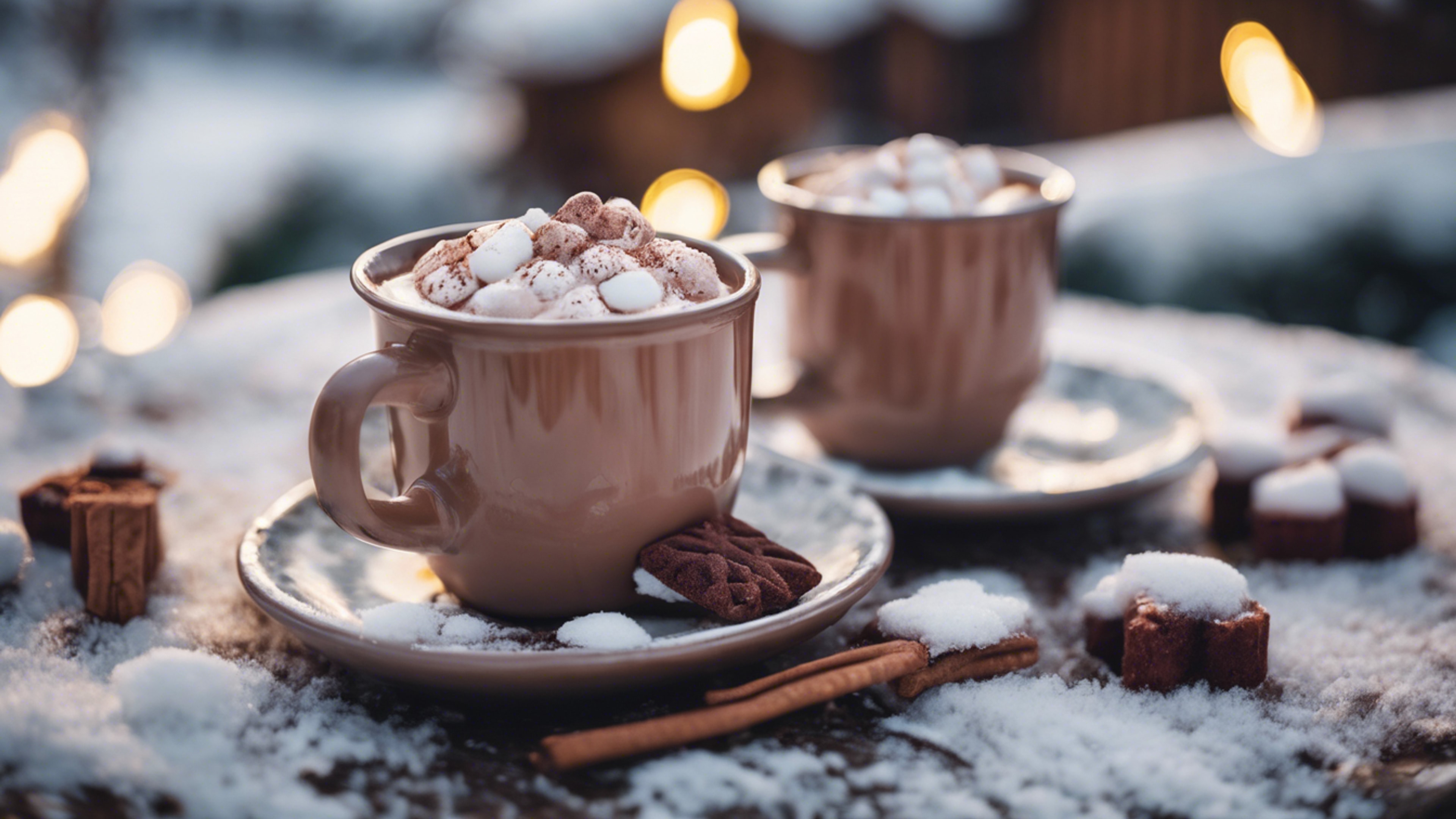 Preppy style hot chocolate mugs on an outdoor winter table Wallpaper [0a8ef394794d4a60afd1]