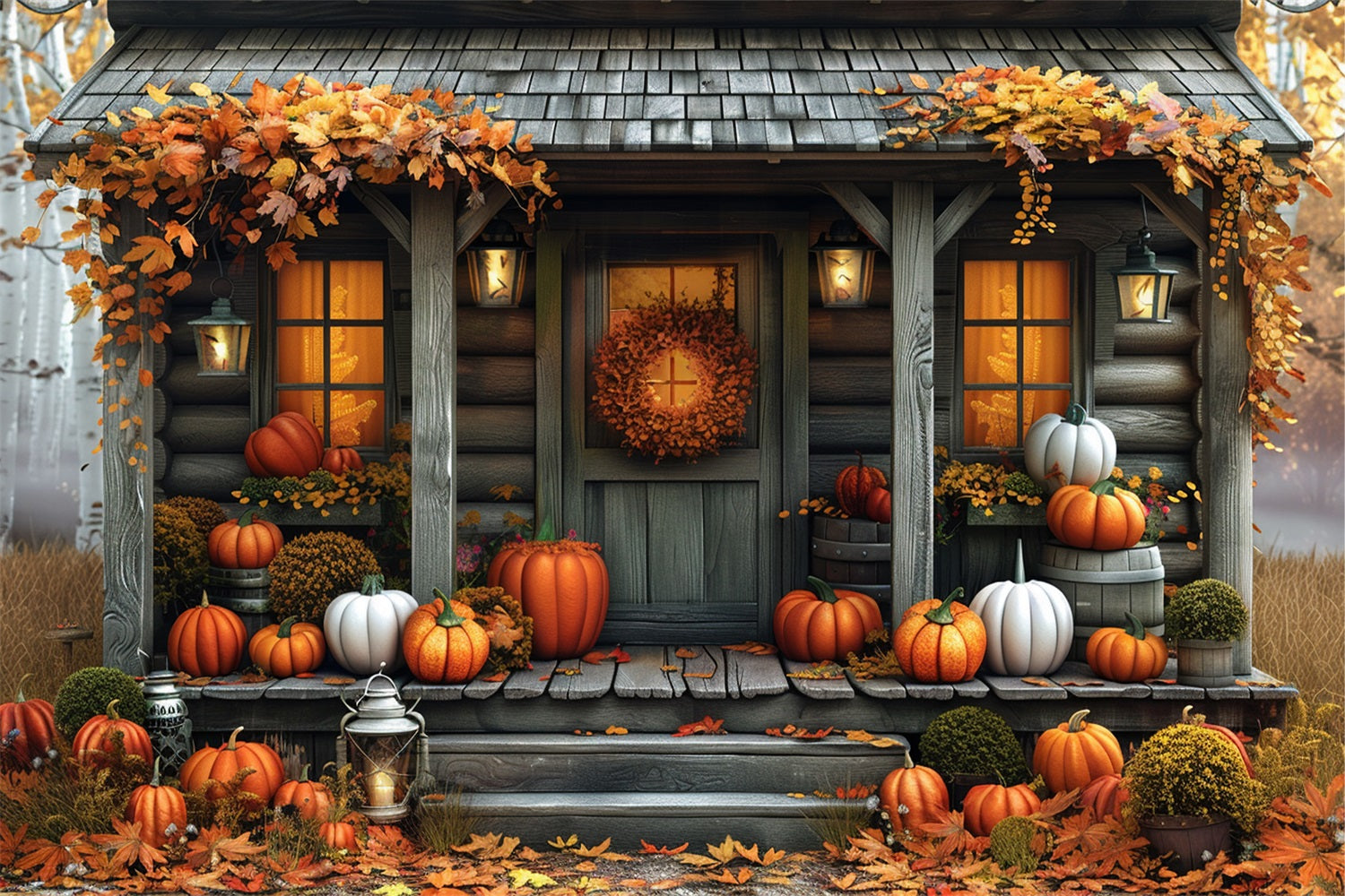 Fall Cabin Pumpkins Autumn Leaves