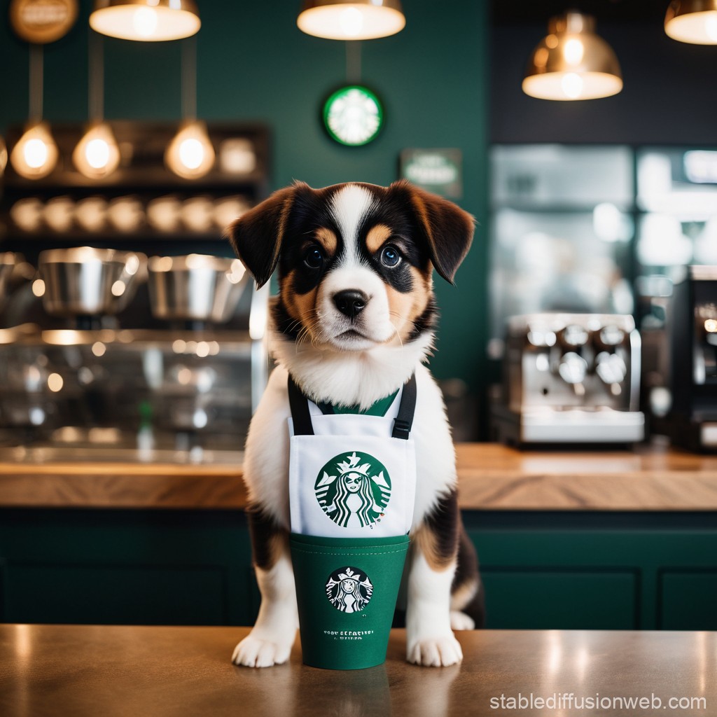 Puppy in Starbucks Apron. Stable