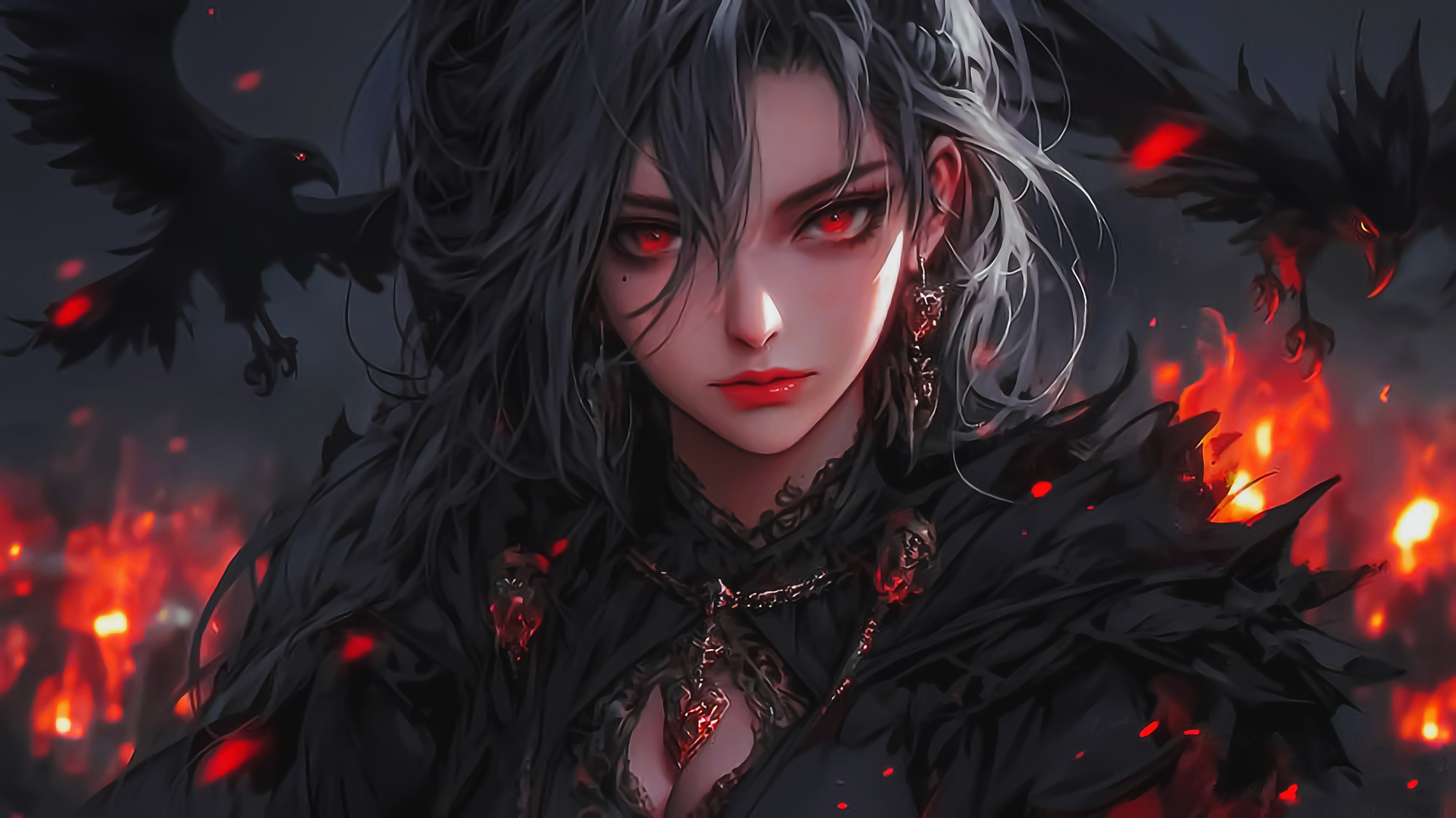 Fire, Crow, Anime Girl