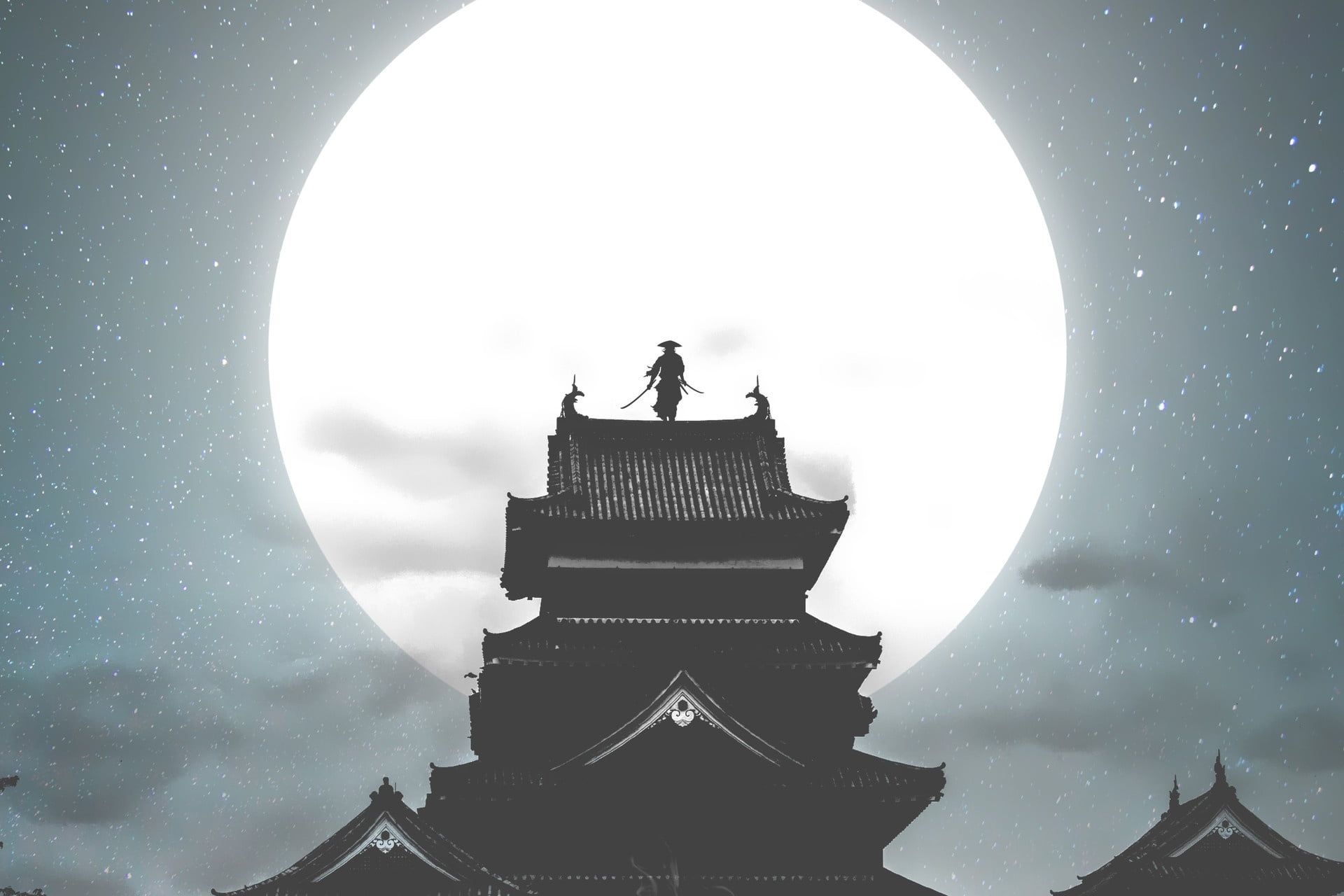 HD wallpaper: Fantasy, Samurai, Moon