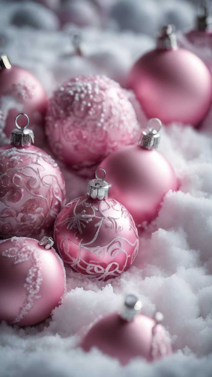 A Still Life Of Pink Christmas Ornaments Nestled In A Bed Of Snow. Wallpaper [e37de9f739834f4fb390] By Wallpaper HD