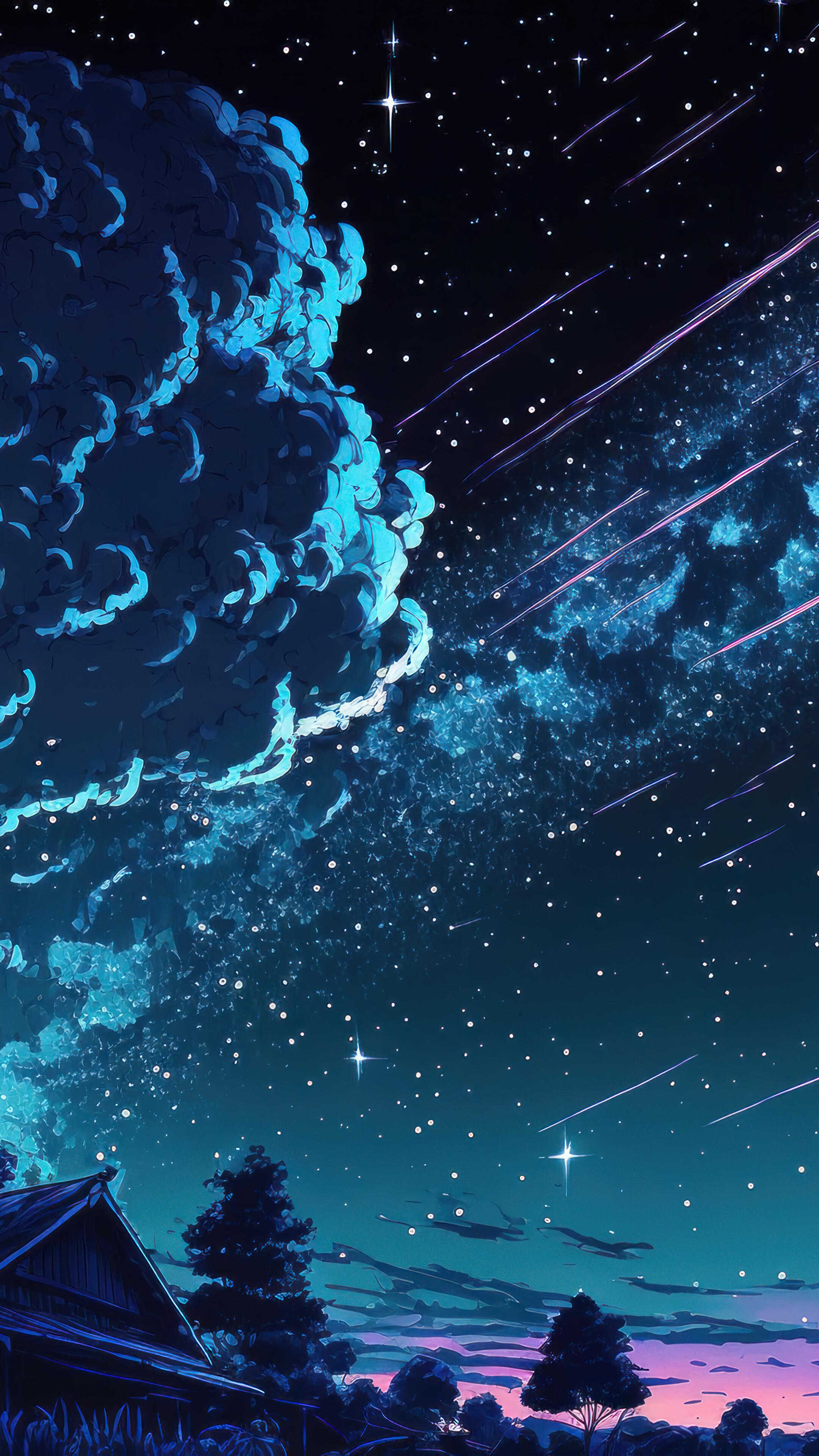 Anime Night Stars Sky Clouds Scenery 4K