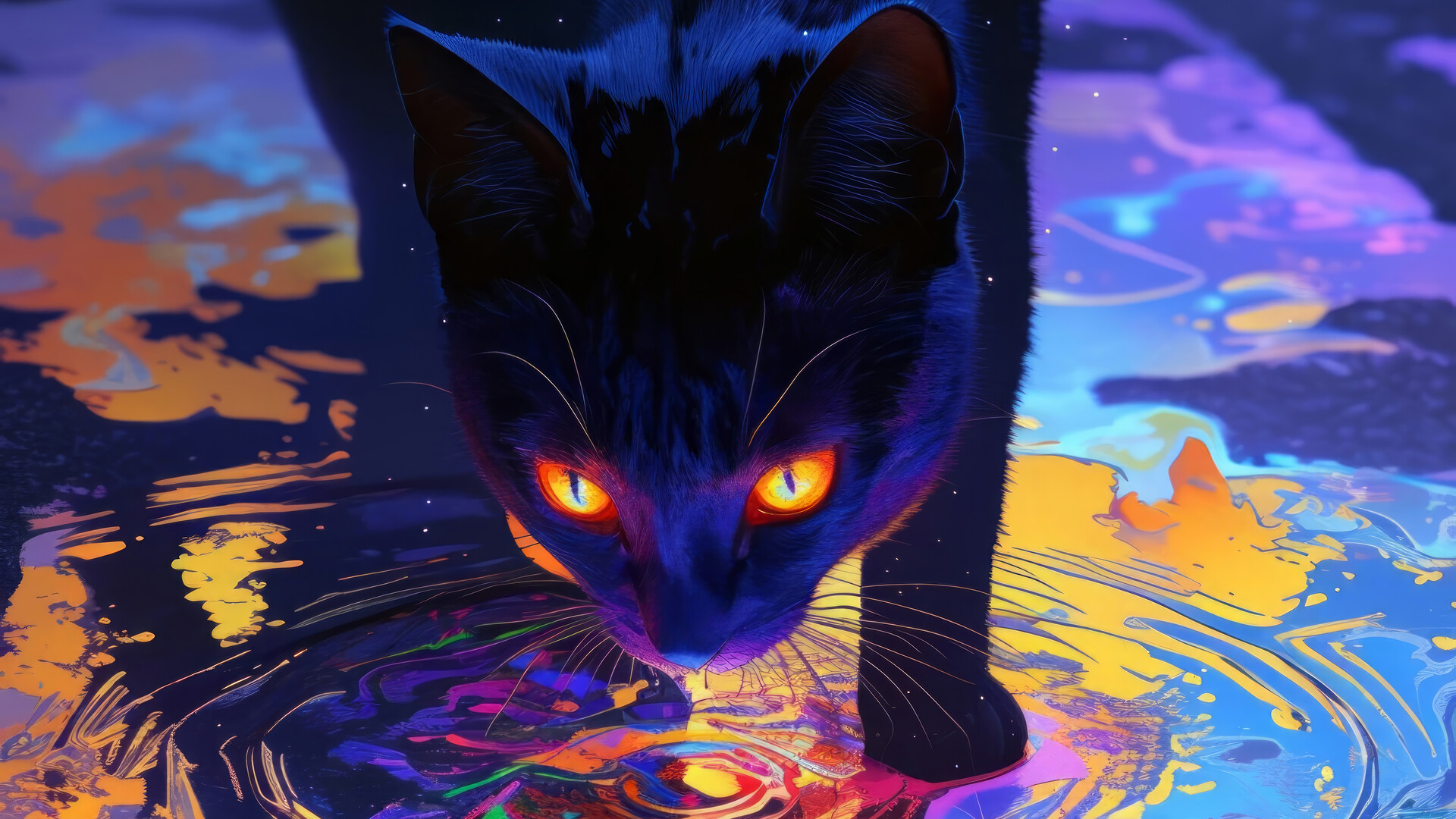 Black Cat Colorful Water Wallpaper 4K