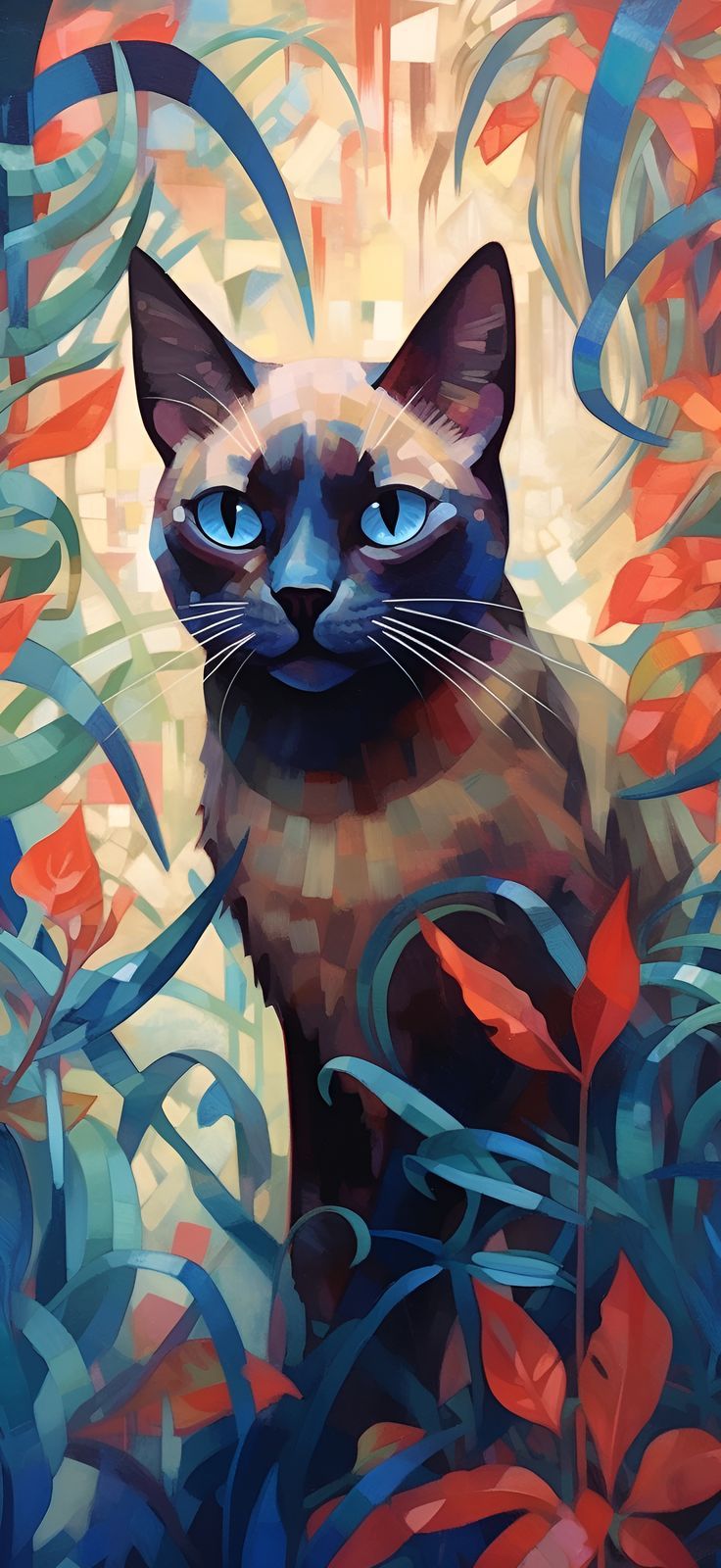 Siamese Cat in Blue and Red Foliage