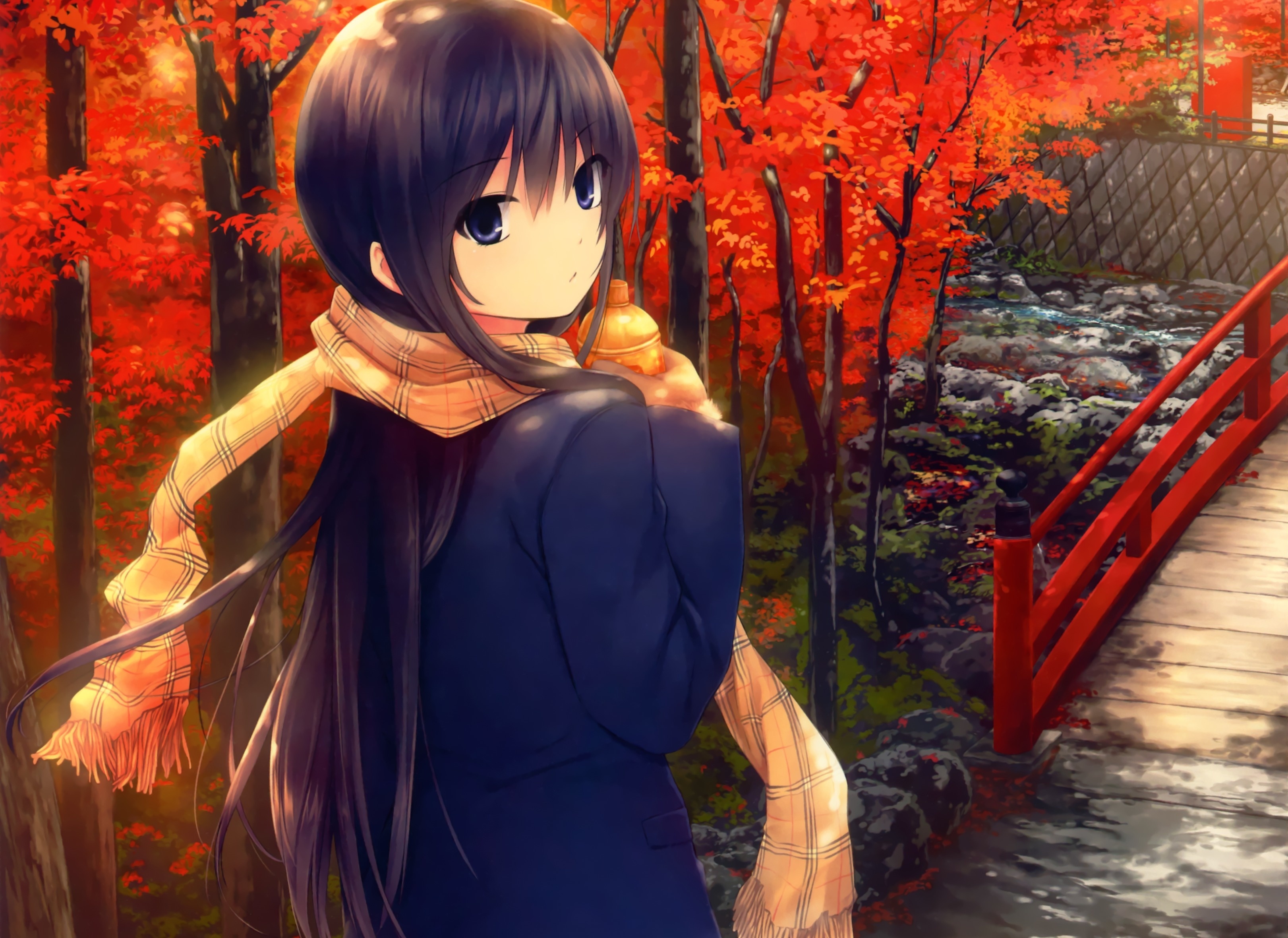 bridge, nature, anime, scarf, art