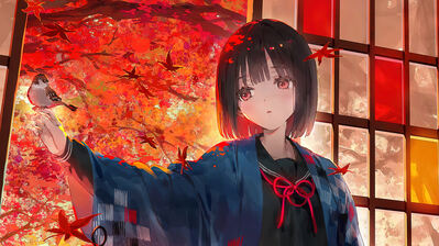 Anime Girl Autumn Maple Tree 4K