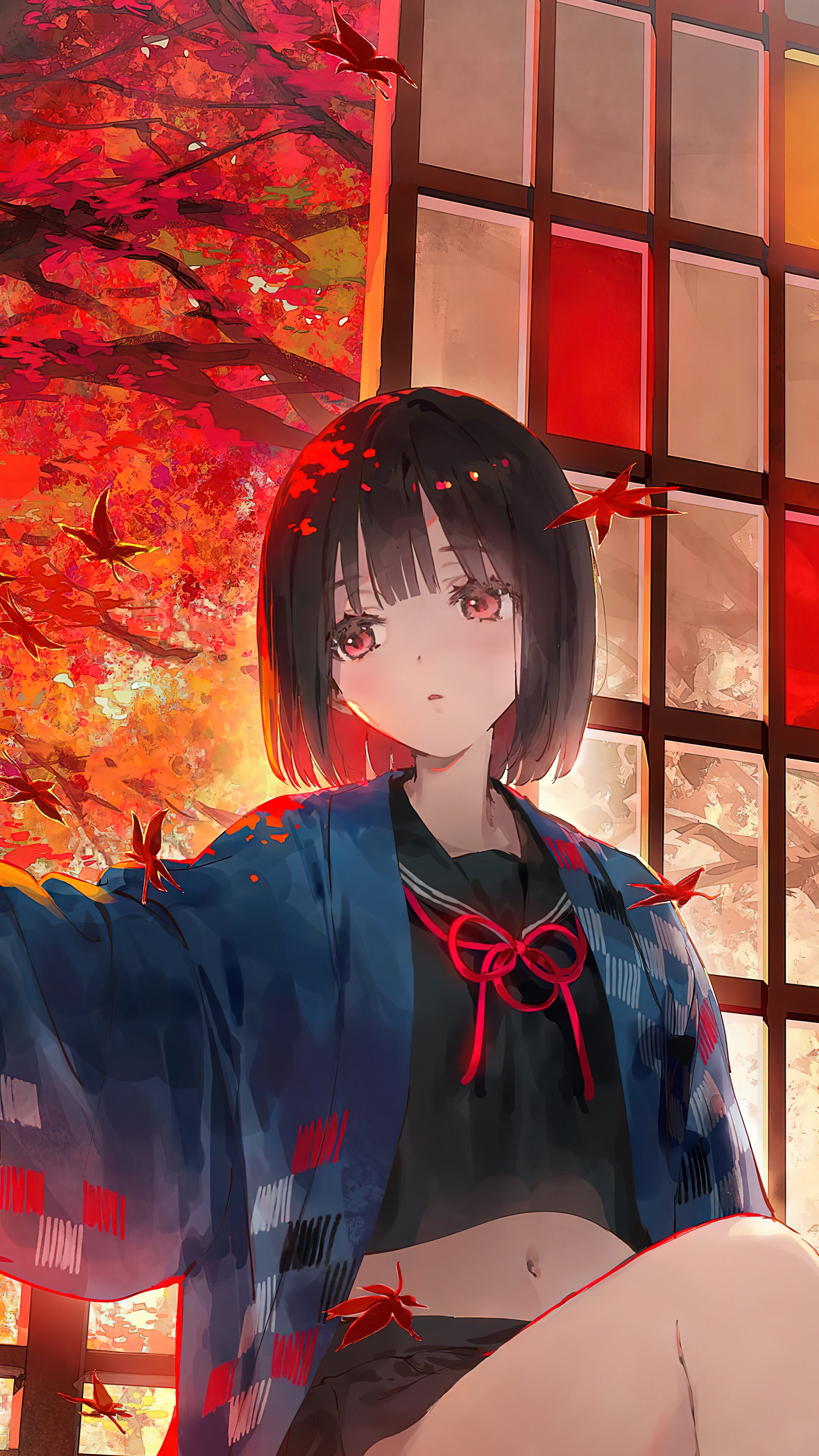 Anime Girl Autumn Maple Tree 4K Wallpaper iPhone HD Phone h