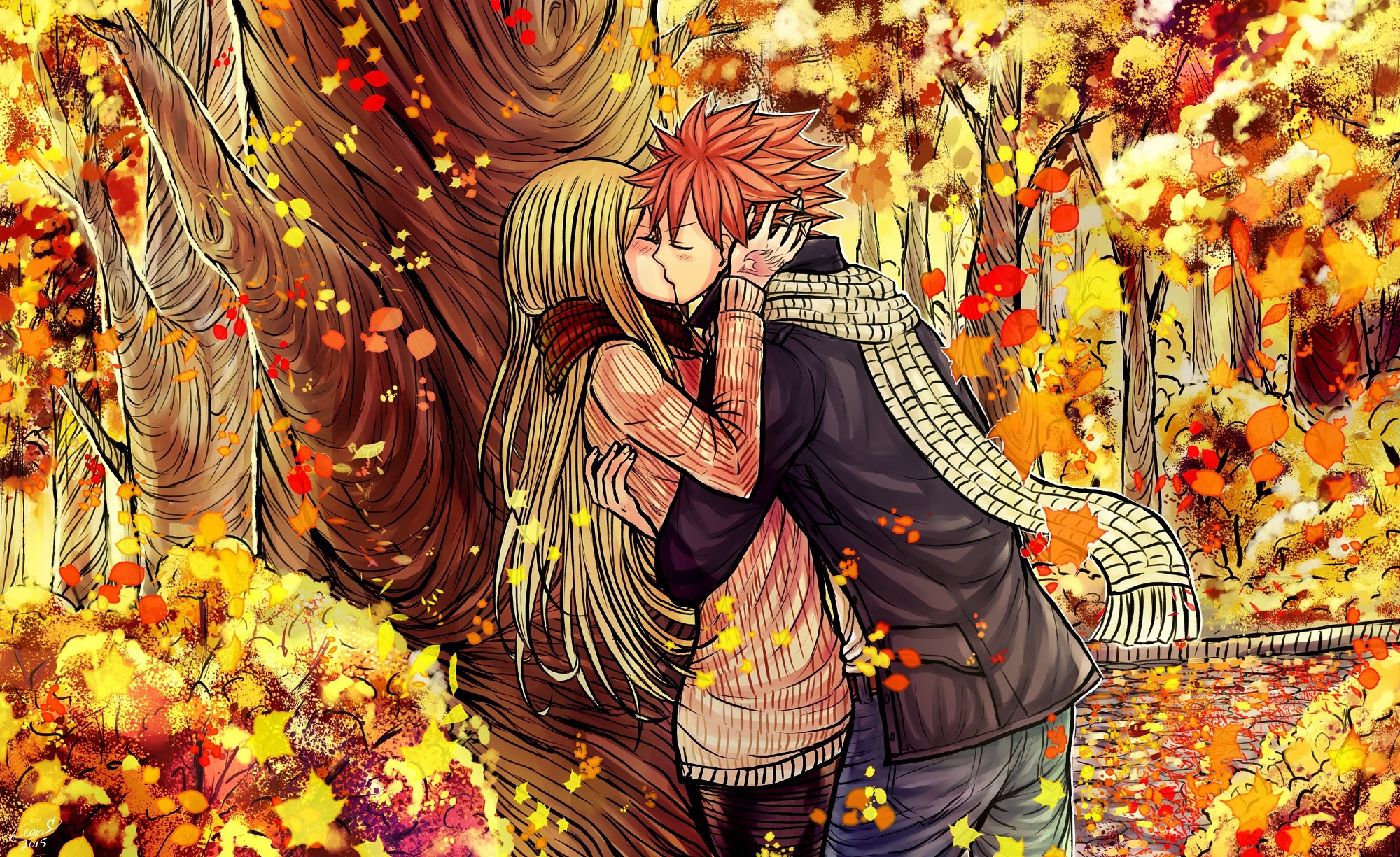 Wallpaper autumn, romance, anime, pair