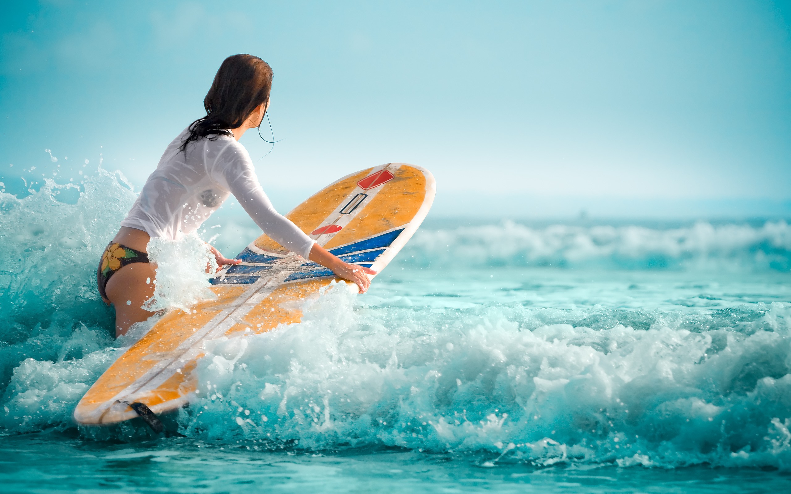 Wallpaper Girl, surfer, sea waves, foam