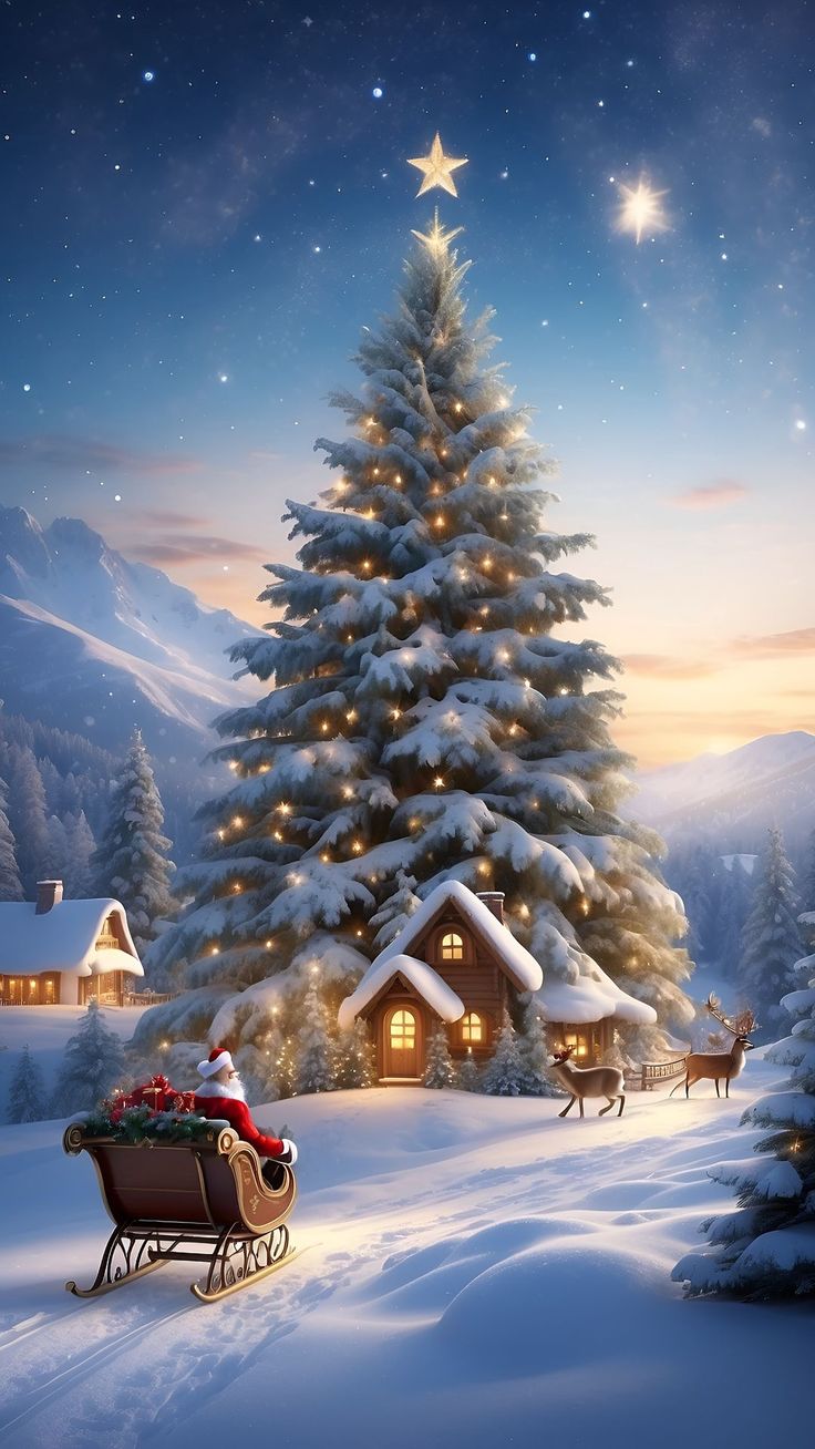 Wallpaper tree, village, deer, santa