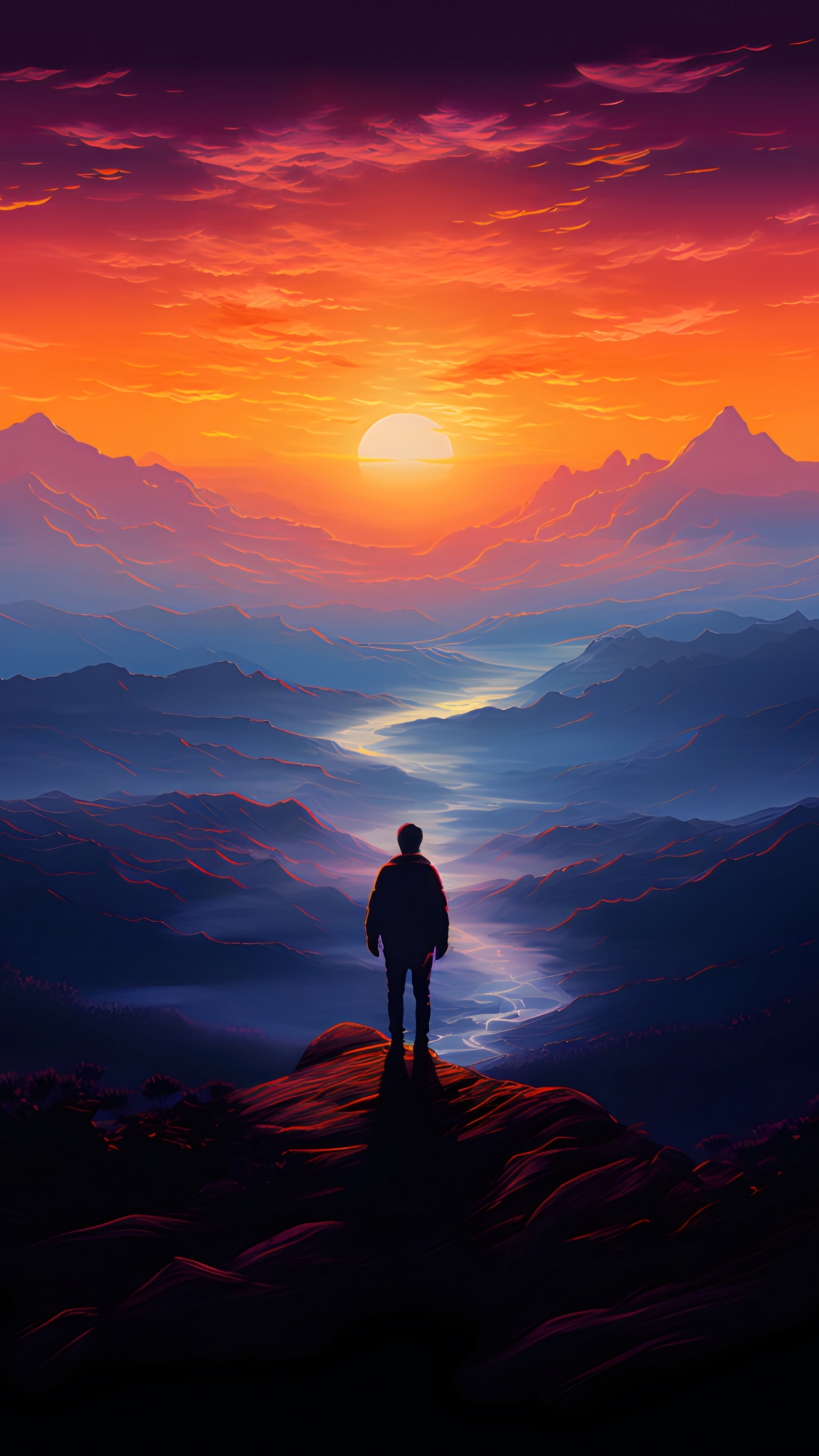 Male Watching The Sunset Alone Cartoon