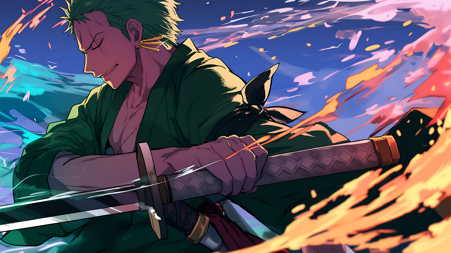 One Piece Zoro Fire Desktop Wallpaper