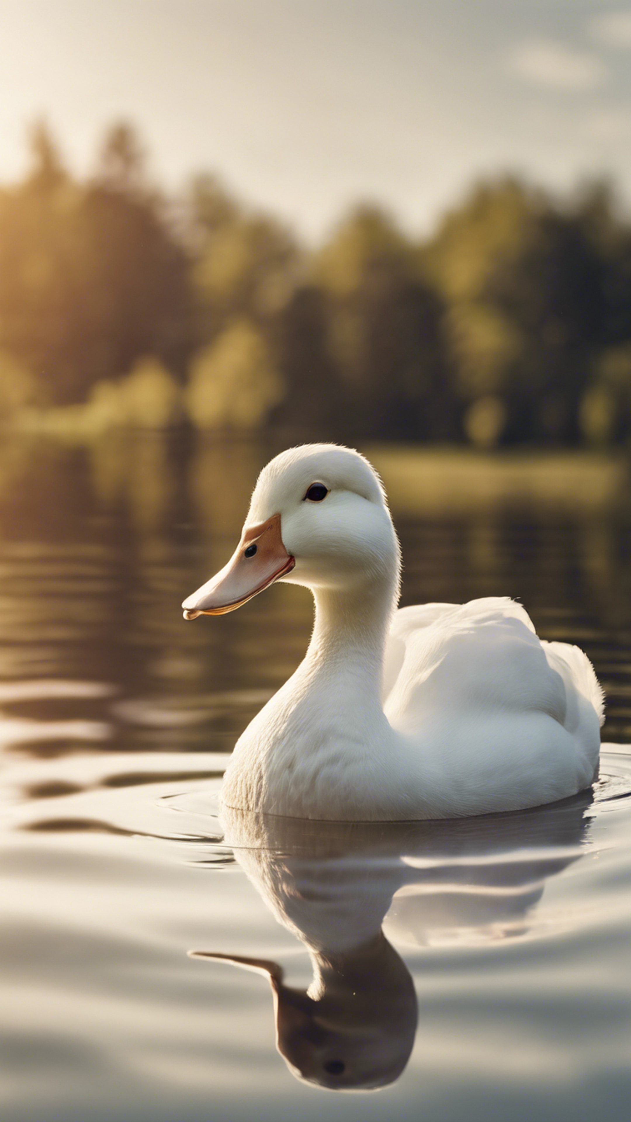 A lone white duck gracefully gliding