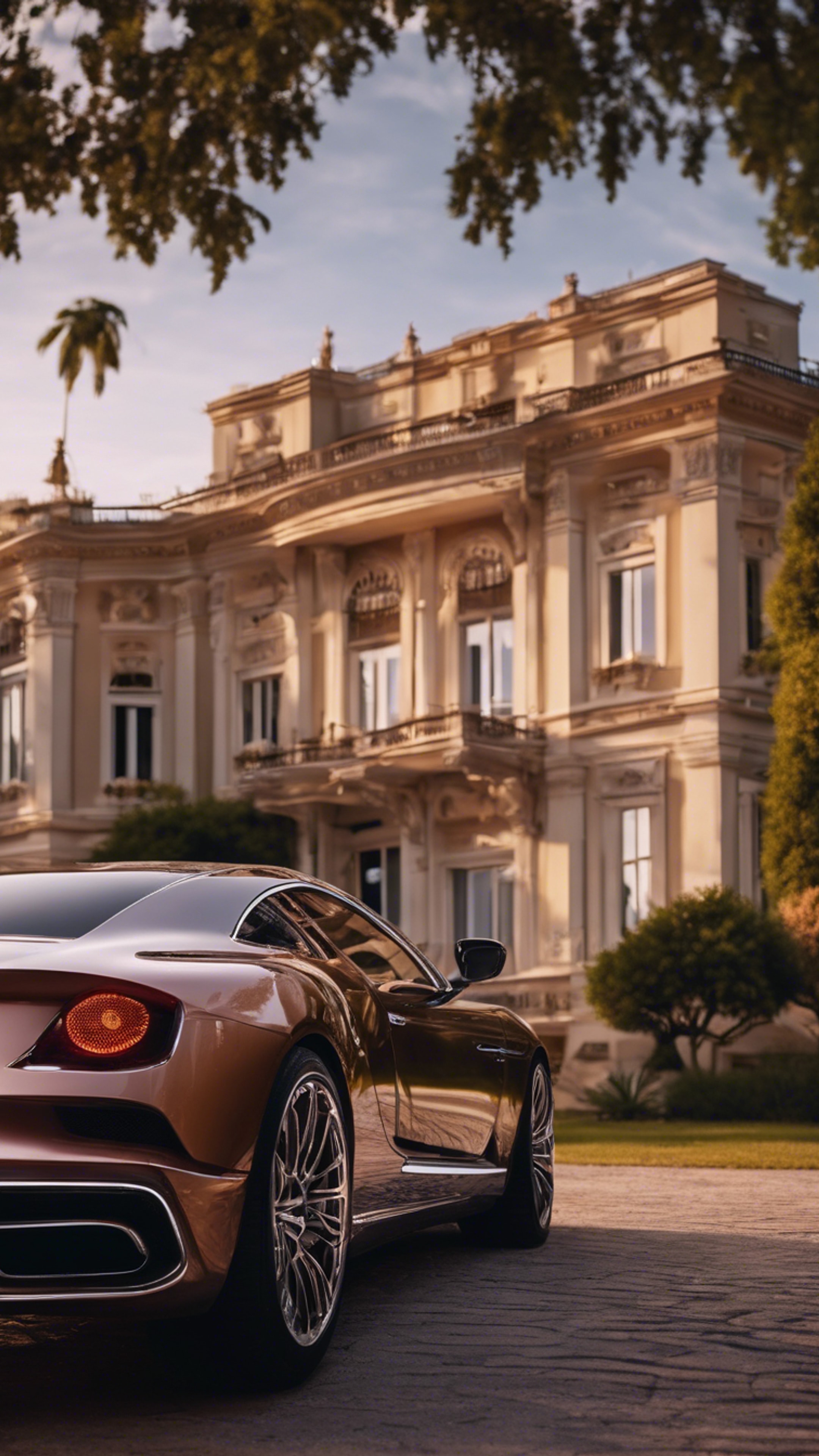 A luxury car parked in front of a grand mansion at sunset. Wallpaper [b4bb7726cf2c48bb8f60]